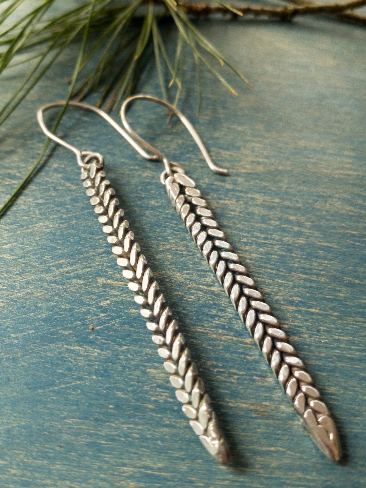 Long Wheat Weave Silver Earrings