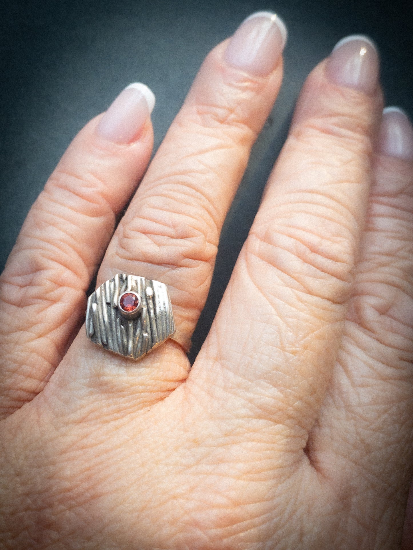 Garnet and Sterling Twig Texture Ring
