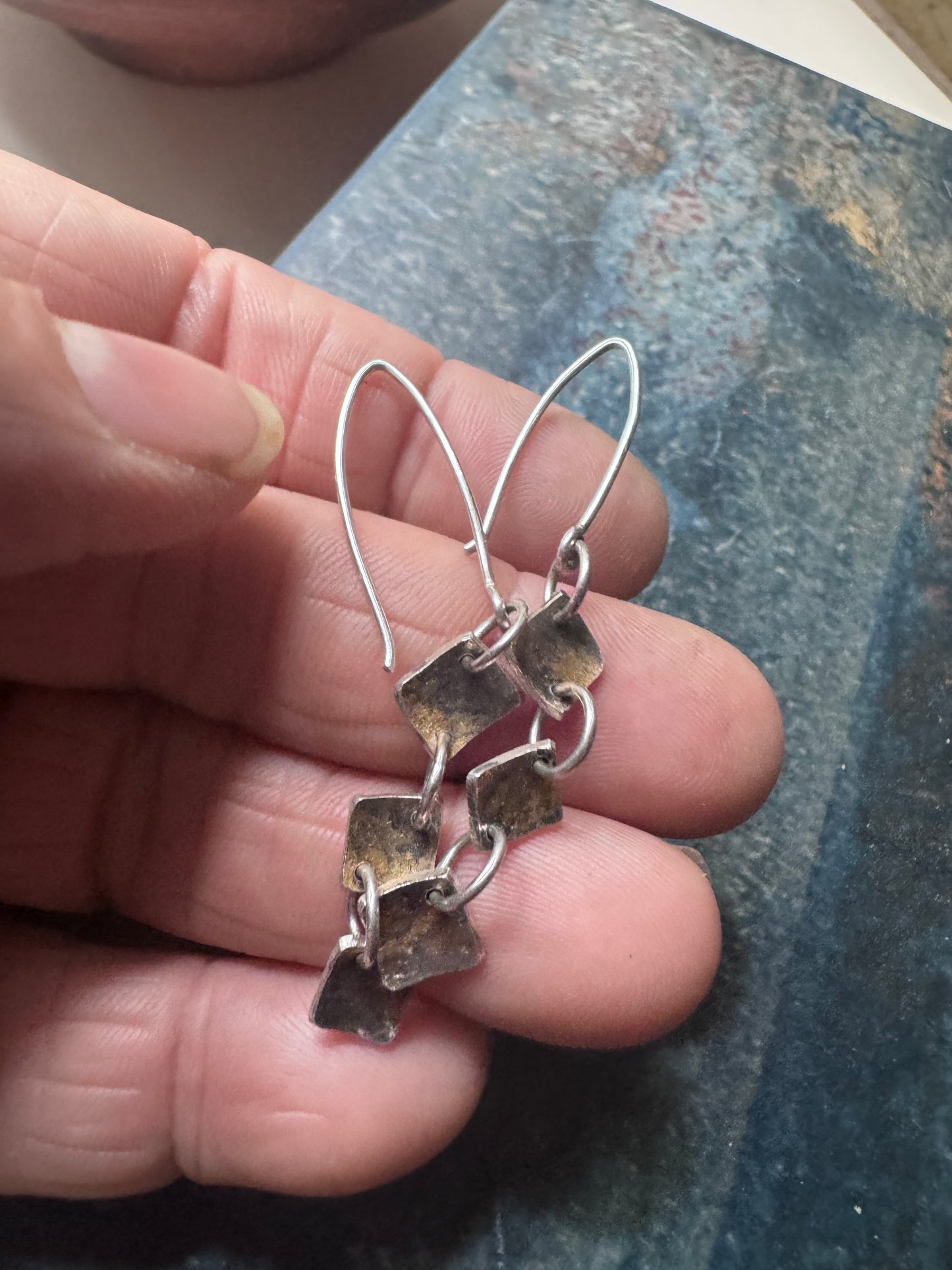 22k Gold and Sterling Silver Mixed Metal Diagonal Drop Earrings