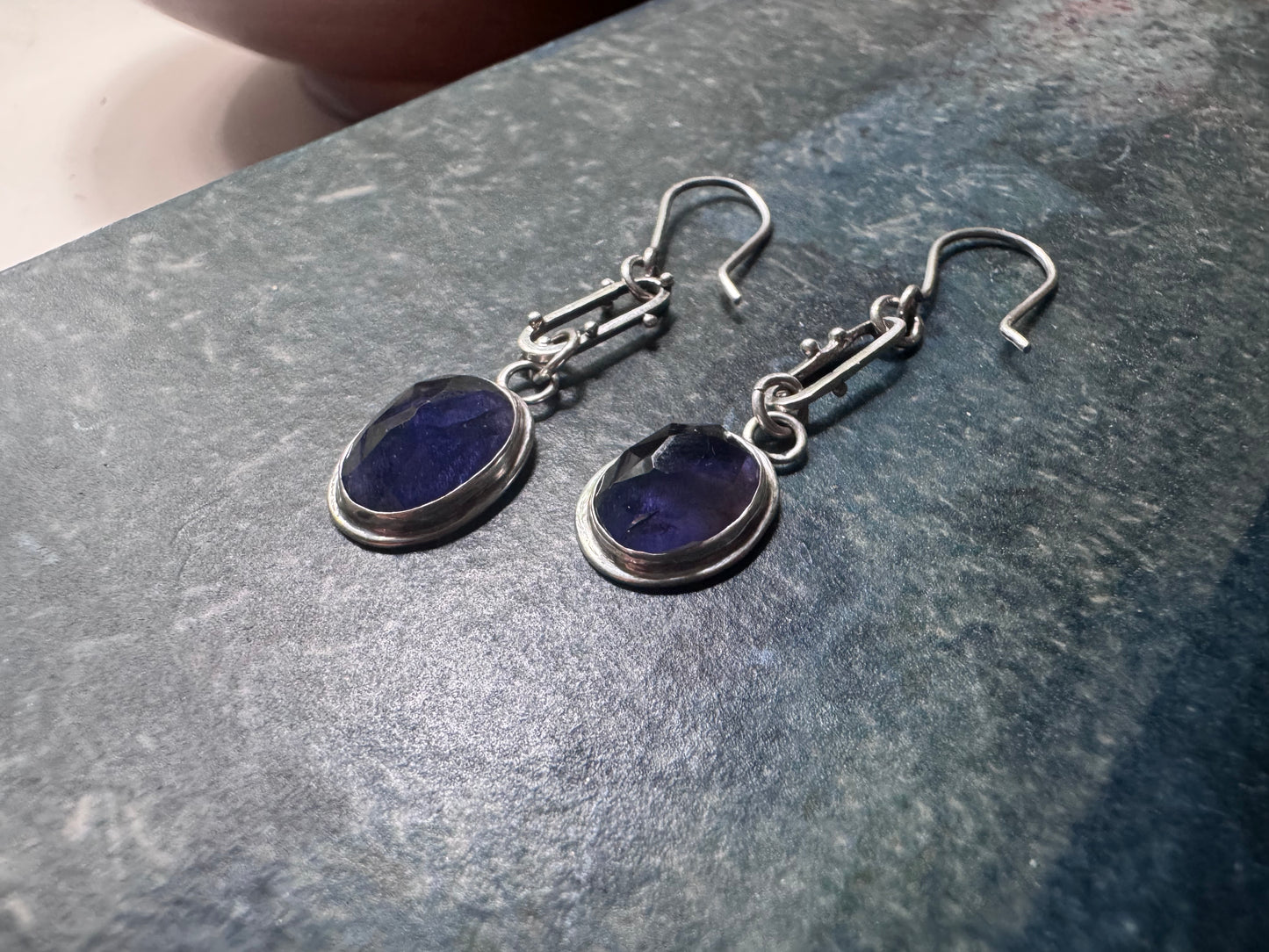 Iolite and Silver Oval Frames and Bubbles Earrings