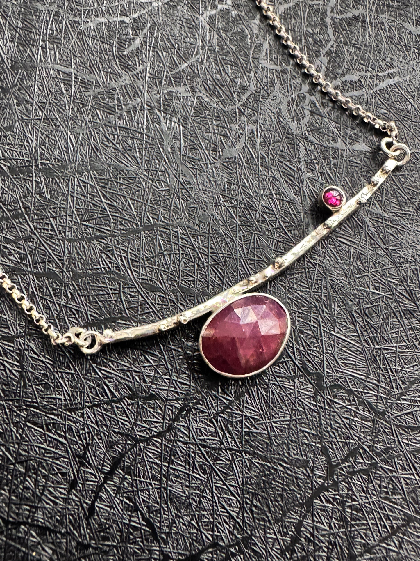 Pink Sapphire and Pink Tourmaline Pebble Bar Silver Necklace