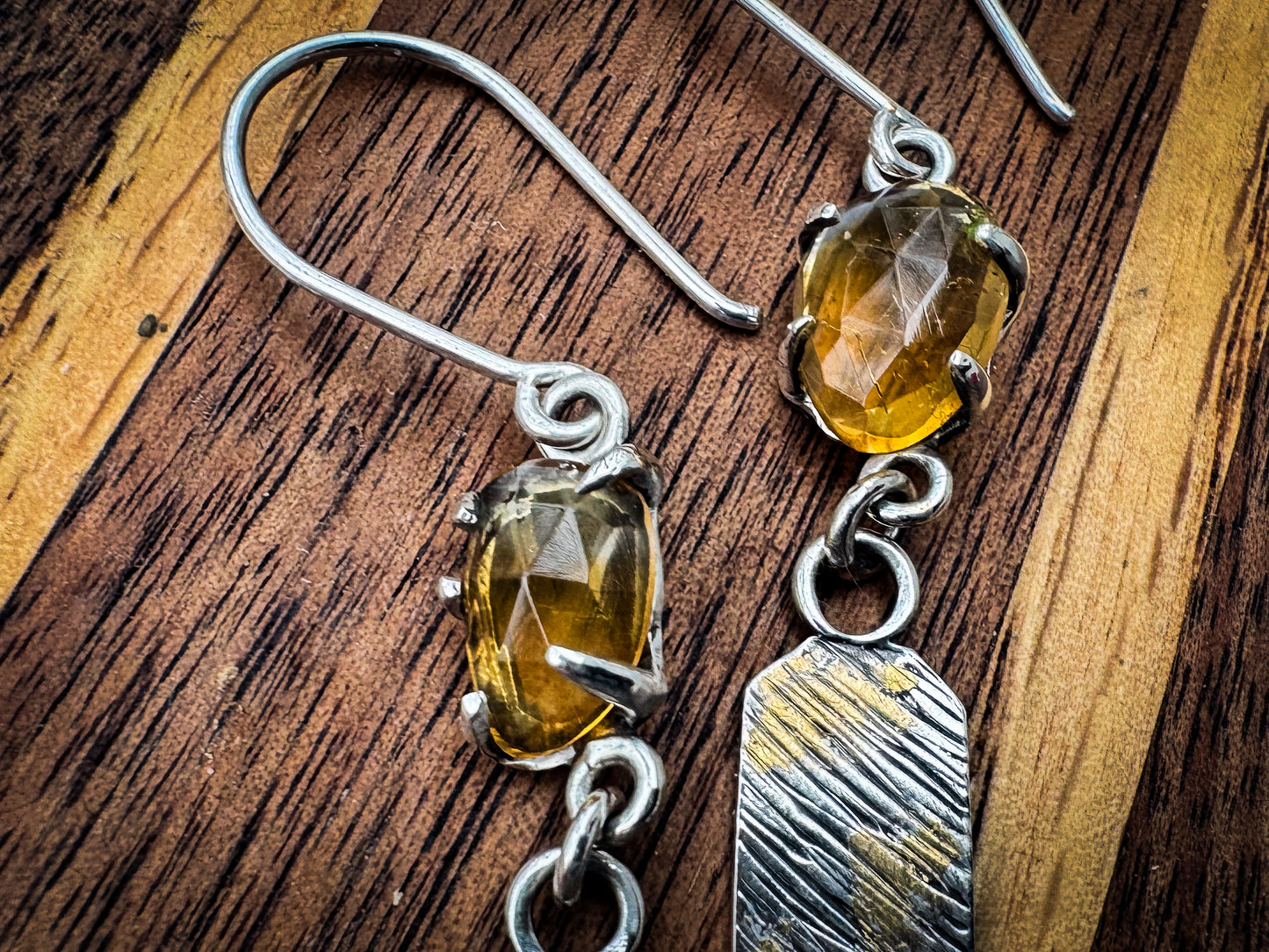 Handcrafted Citrine and Gold Leaf Sterling Silver Earrings