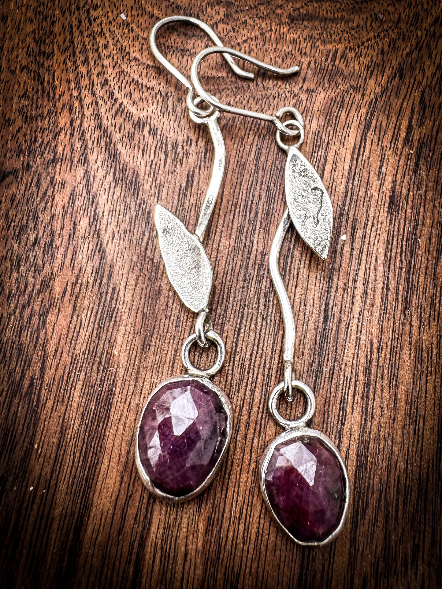 Handmade Ruby and Leaf Sterling Drop Earrings