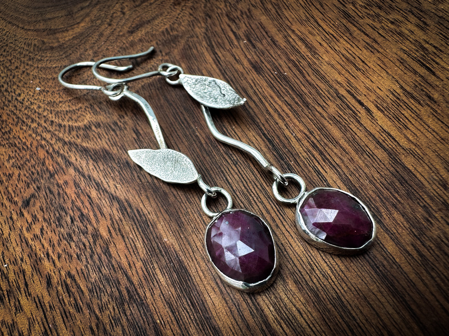 Handmade Ruby and Leaf Sterling Drop Earrings