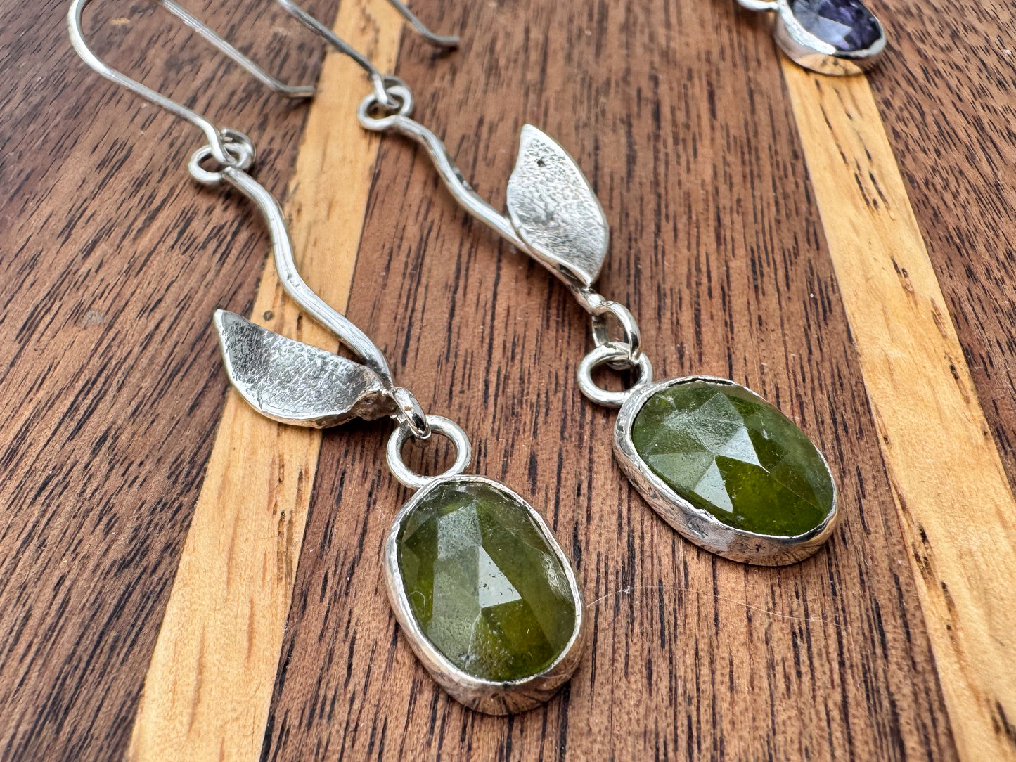 Olive Green Vesuvanite Handmade Sterling Leaf Earrings
