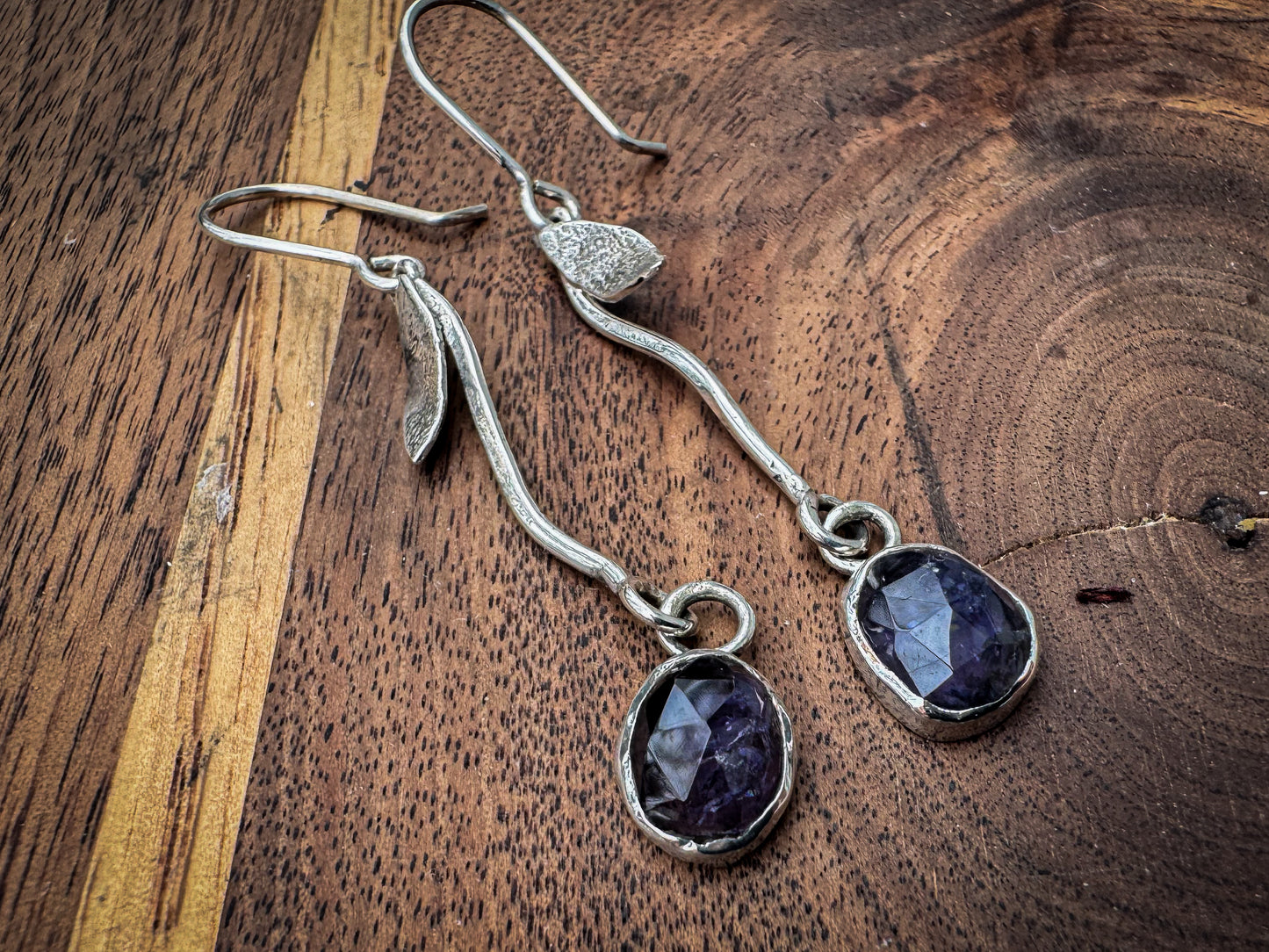 Iolite and Sterling Silver Leaf Drop Earrings