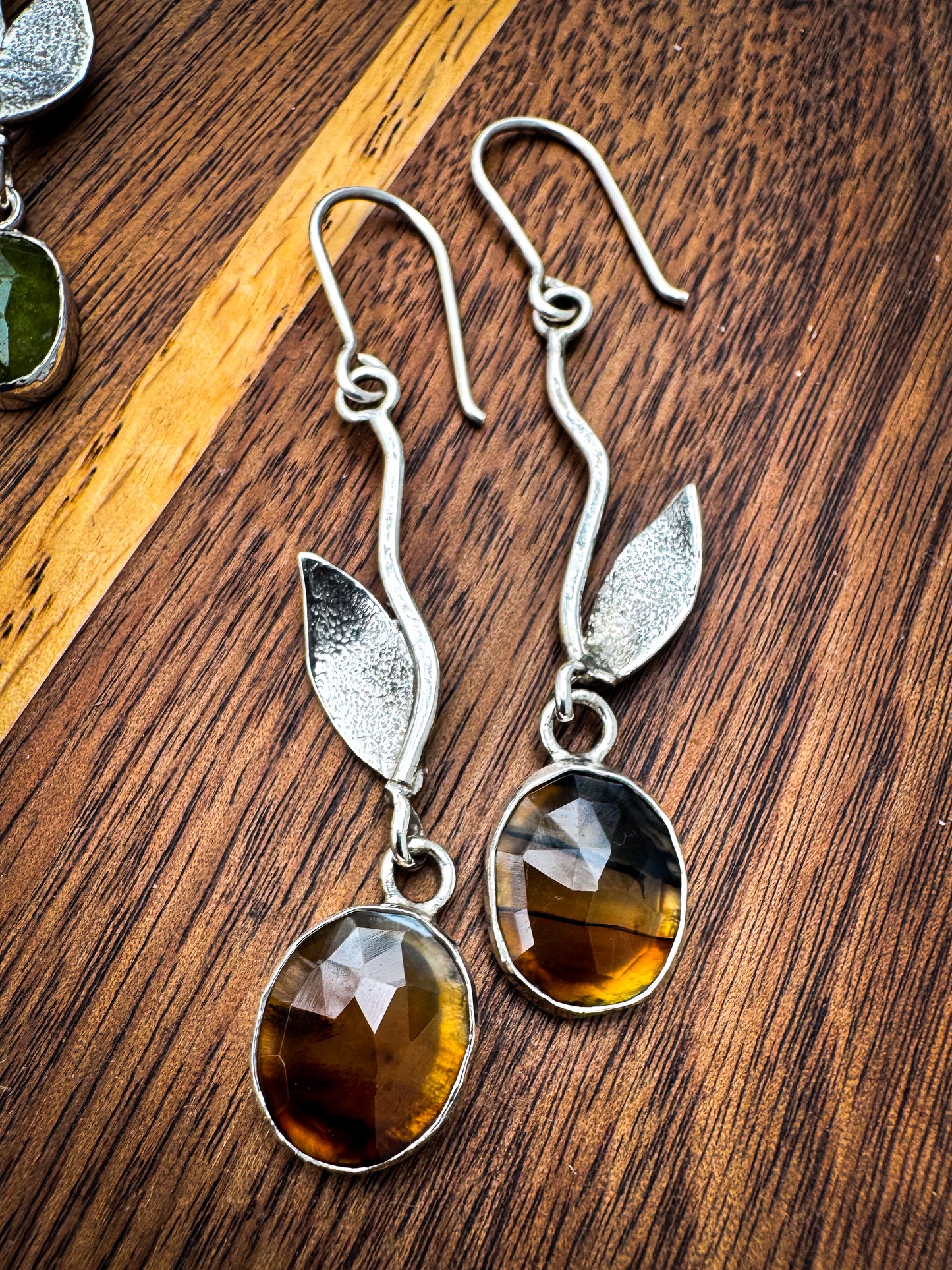 Handcrafted Sterling Silver Leaf Earrings with Montana Agate Drops