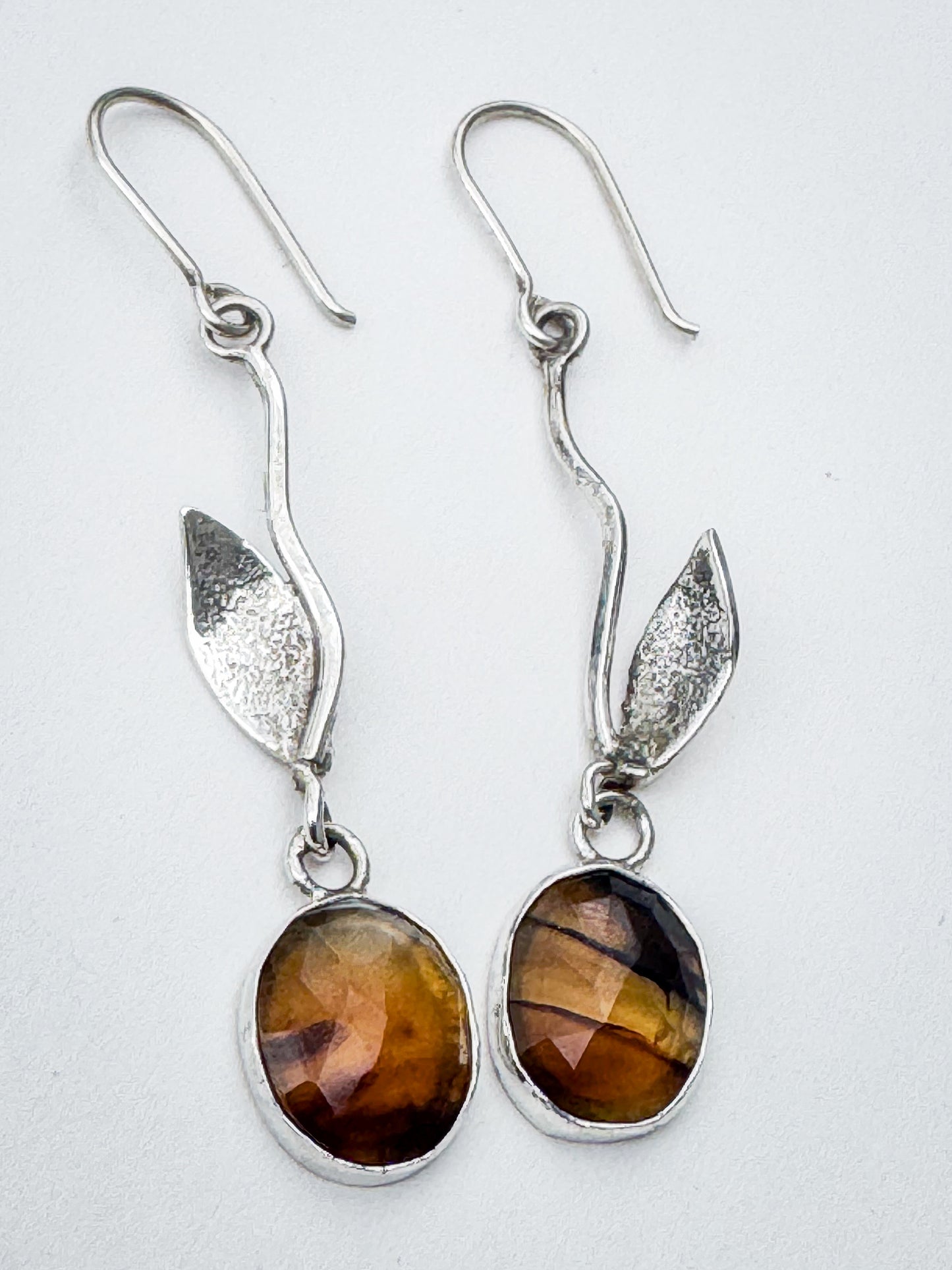 Handcrafted Sterling Silver Leaf Earrings with Montana Agate Drops
