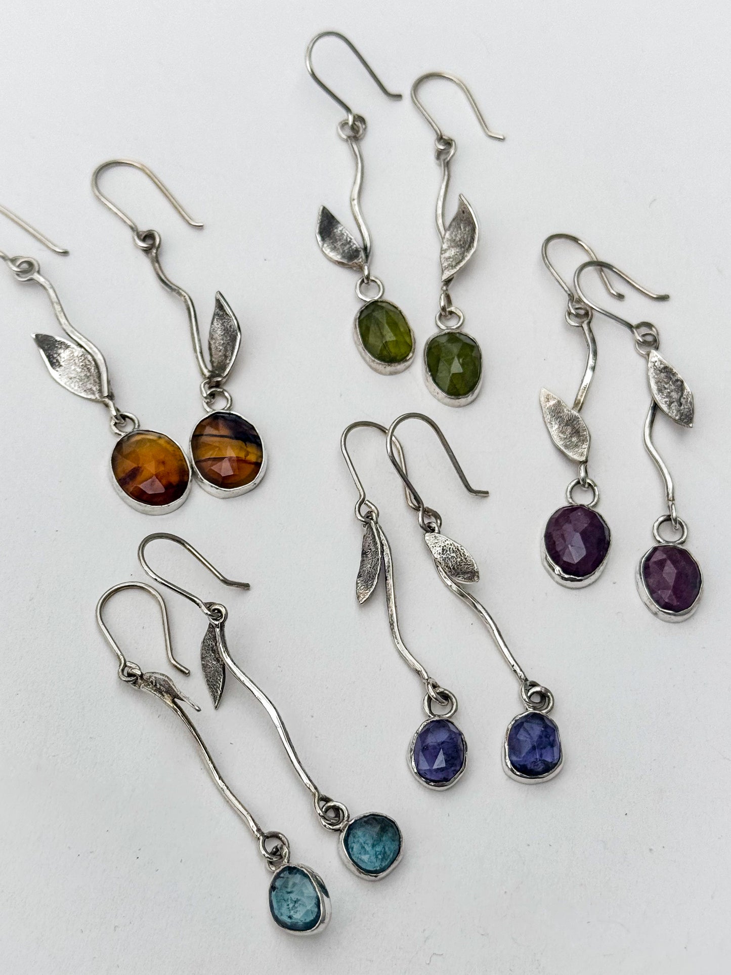 Handmade Ruby and Leaf Sterling Drop Earrings