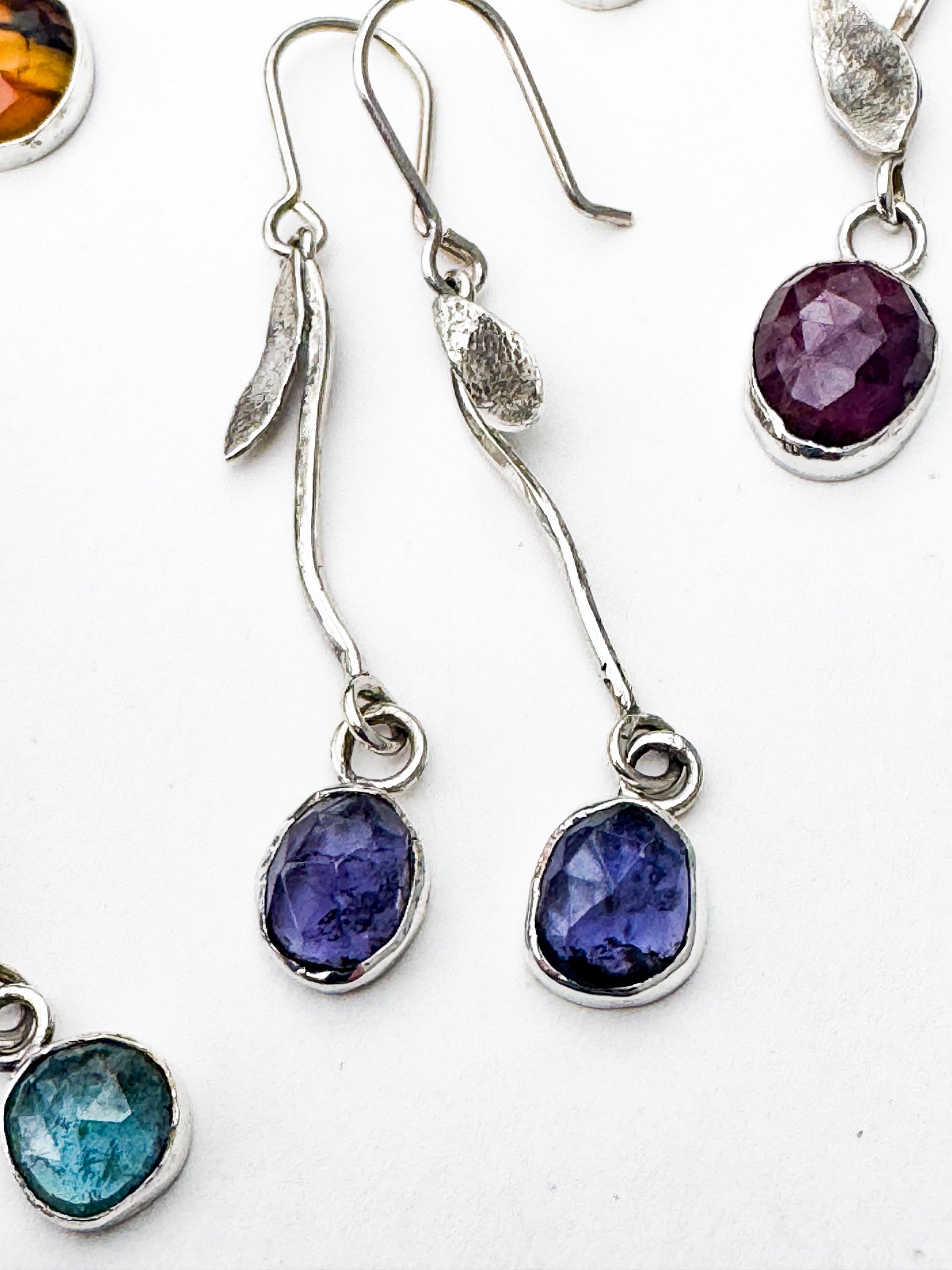 Iolite and Sterling Silver Leaf Drop Earrings