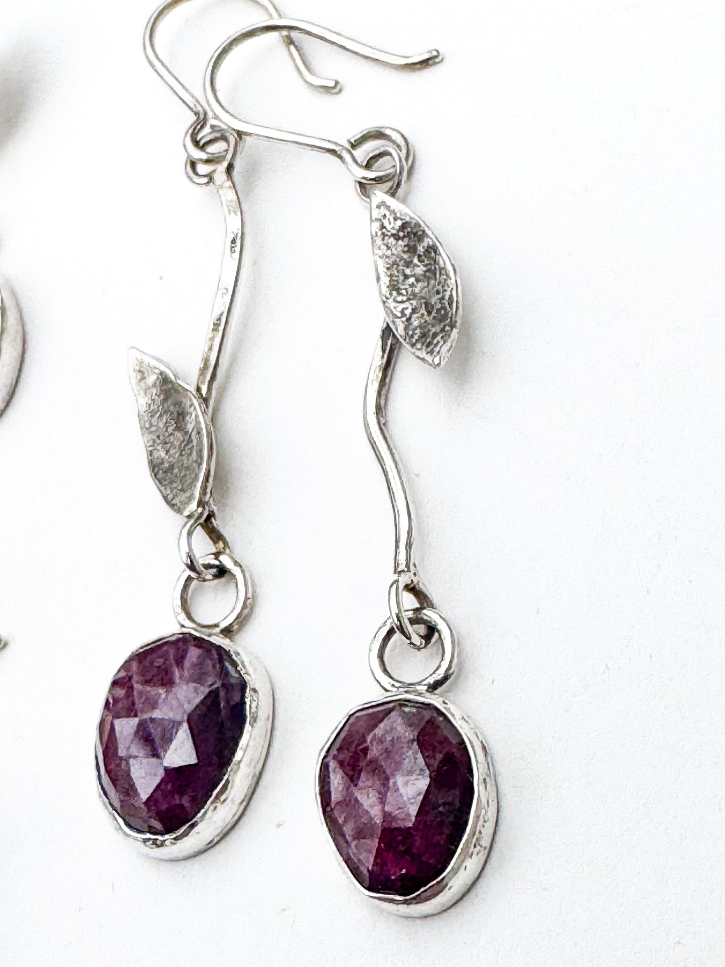 Handmade Ruby and Leaf Sterling Drop Earrings