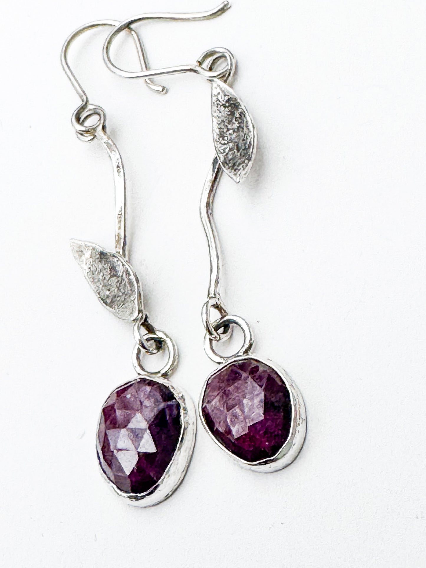 Handmade Ruby and Leaf Sterling Drop Earrings