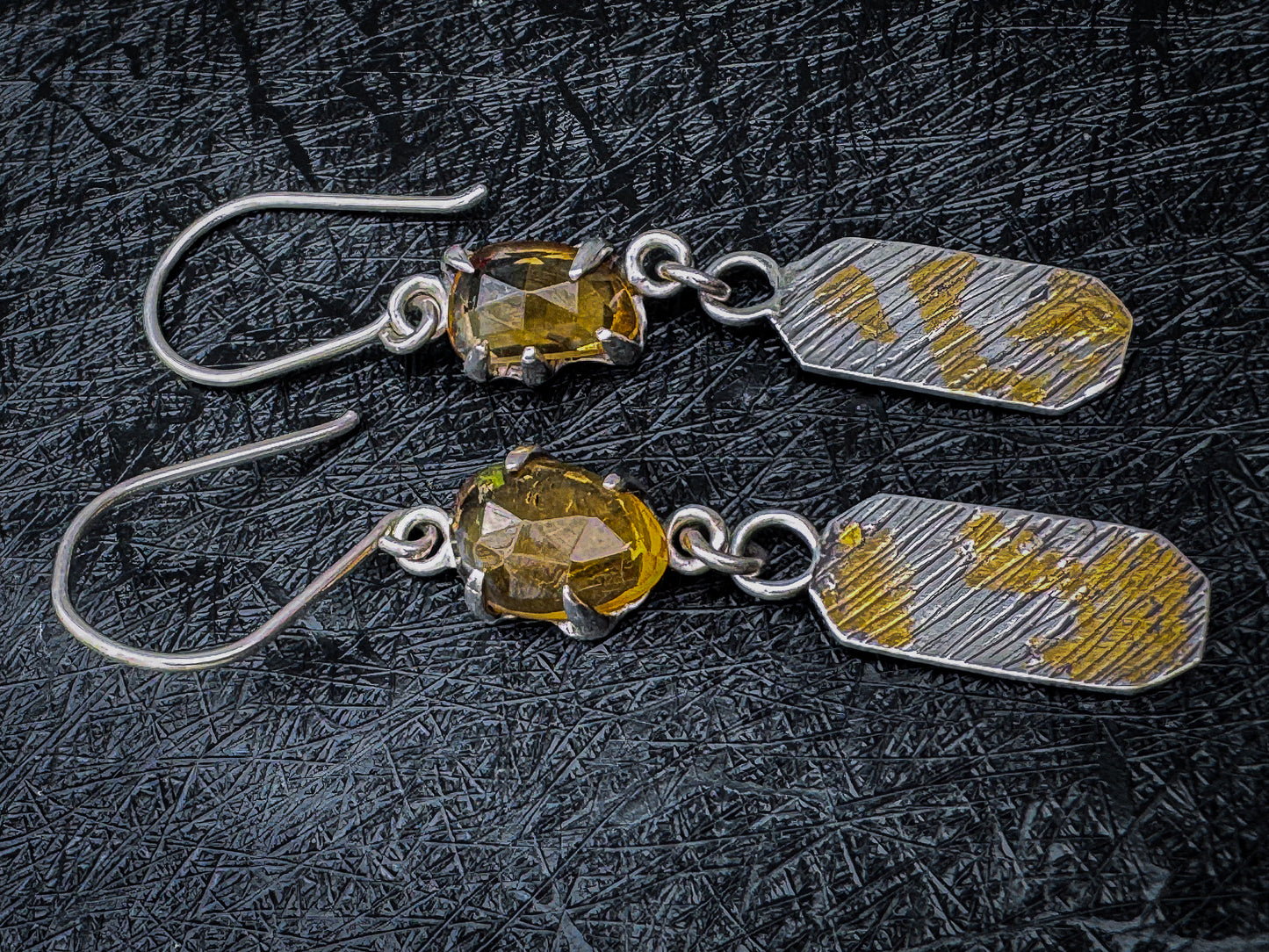 Handcrafted Citrine and Gold Leaf Sterling Silver Earrings