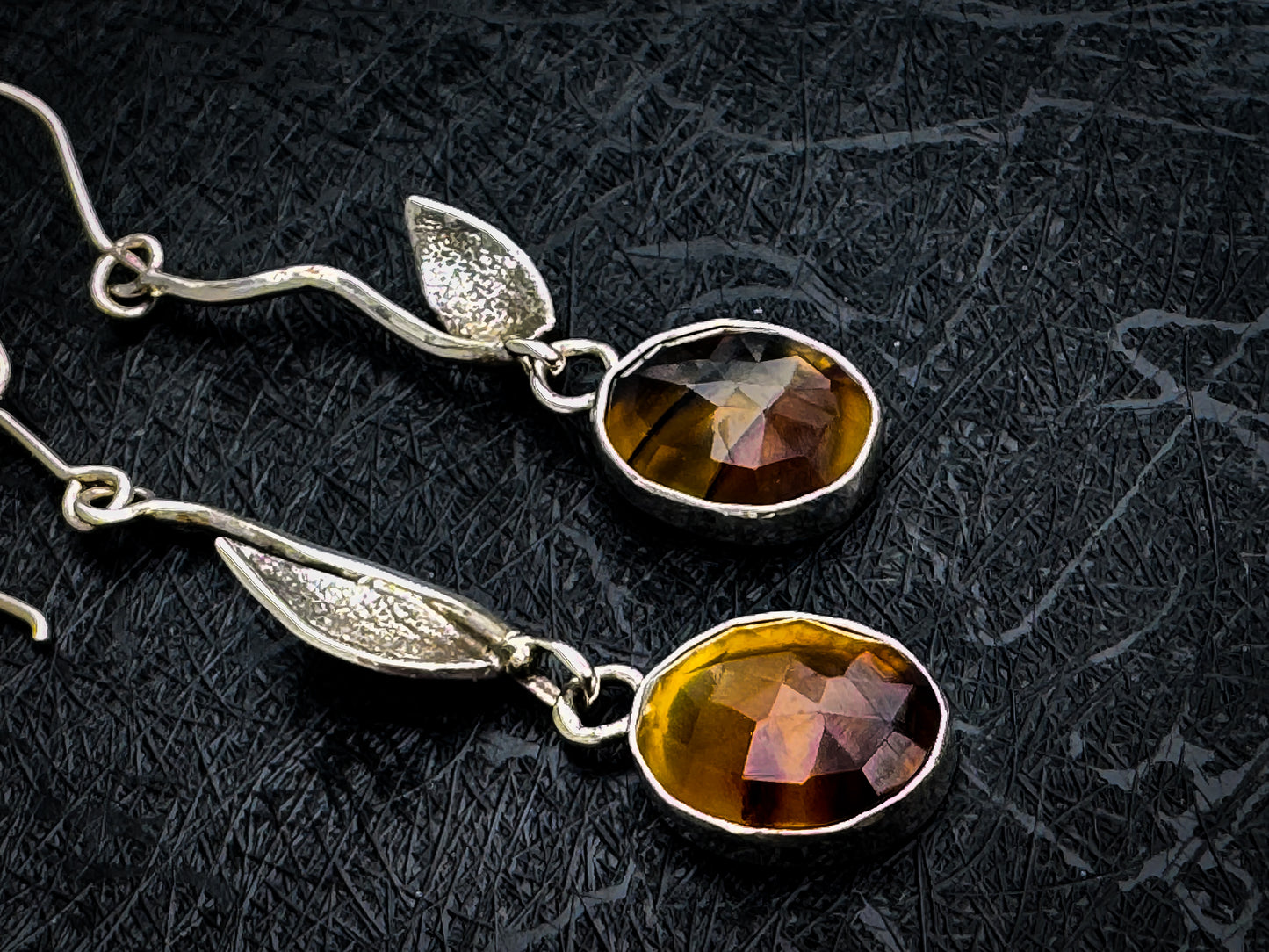 Handcrafted Sterling Silver Leaf Earrings with Montana Agate Drops