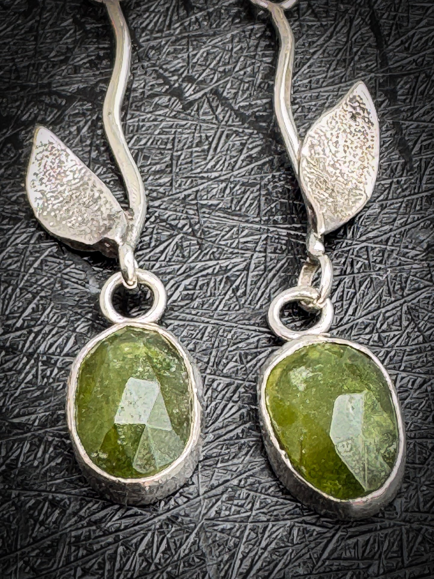 Olive Green Vesuvanite Handmade Sterling Leaf Earrings