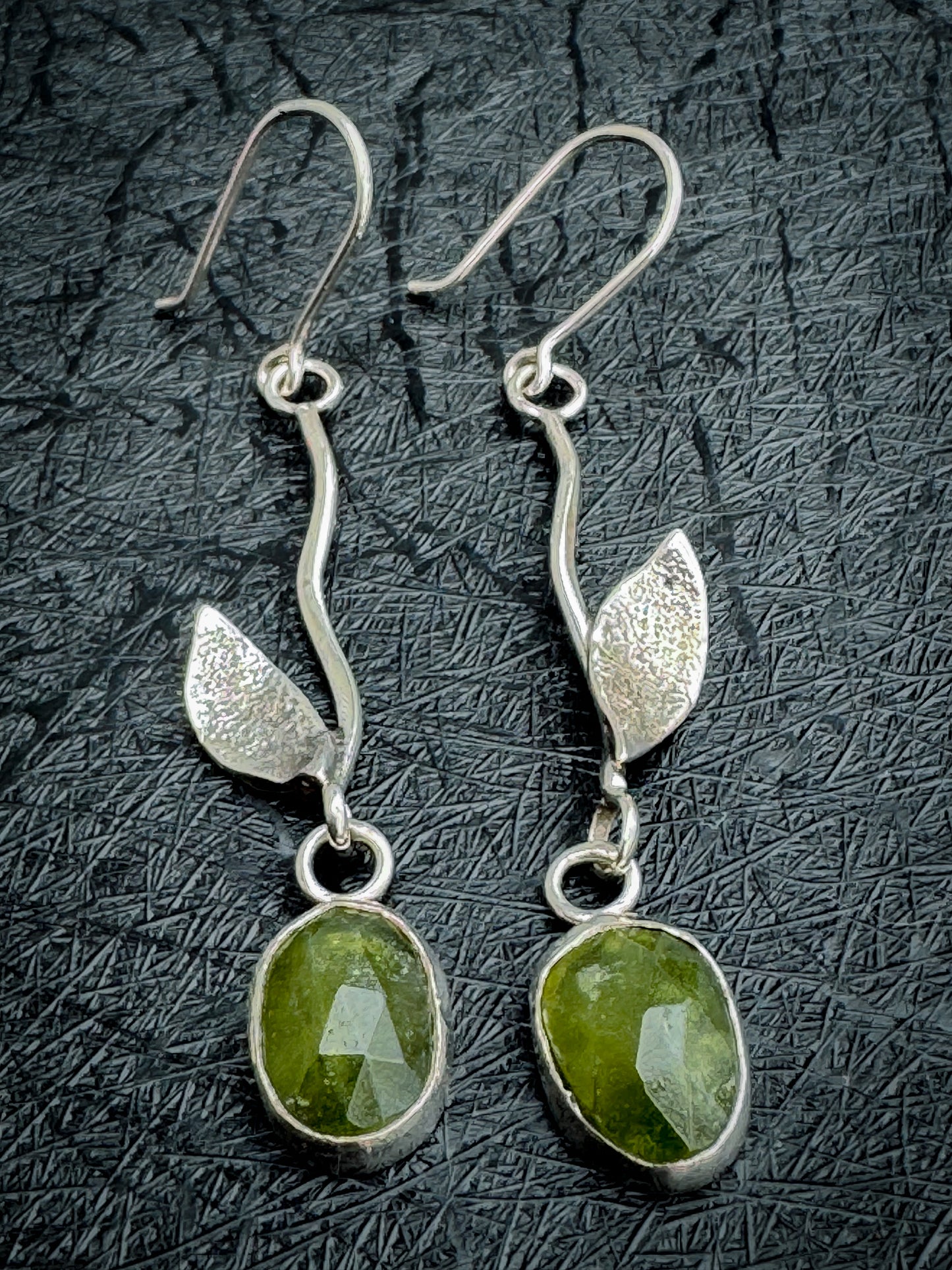 Olive Green Vesuvanite Handmade Sterling Leaf Earrings