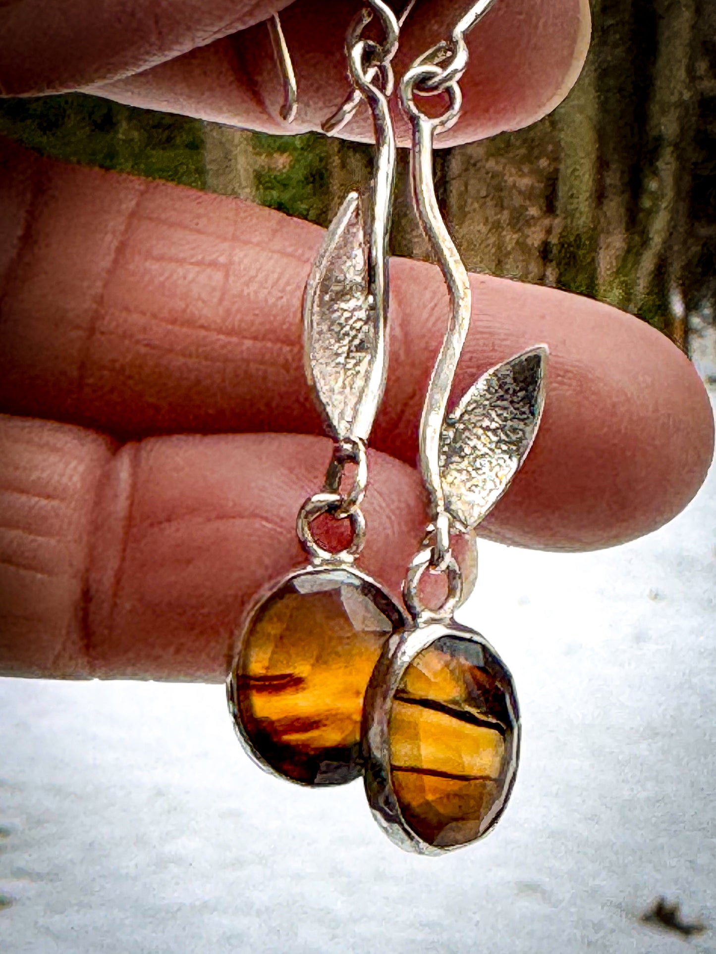 Handcrafted Sterling Silver Leaf Earrings with Montana Agate Drops