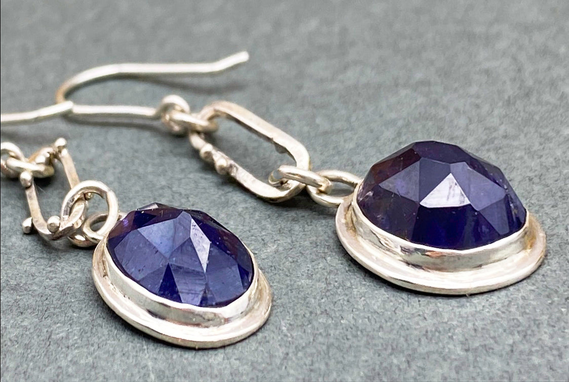Iolite and Silver Oval Frames and Bubbles Earrings