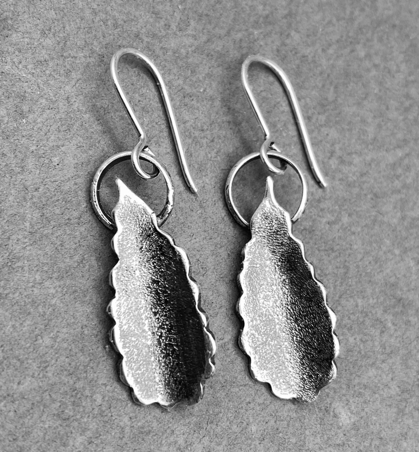 Organic Texture Curled Leaf Earrings in Sterling Silver with dark gray patina