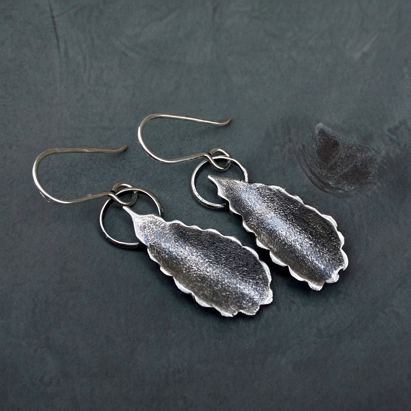 Organic Texture Curled Leaf Earrings in Sterling Silver with dark gray patina