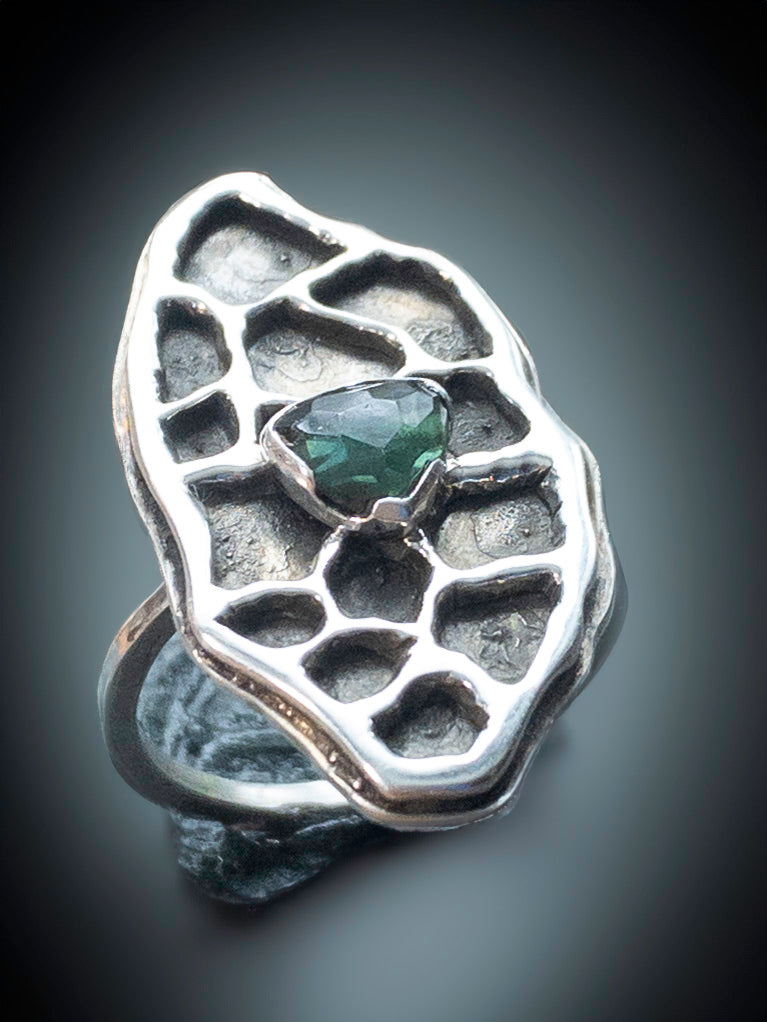 Petoskey Stone Patterned Ring in Sterling Silver and Green Tourmaline