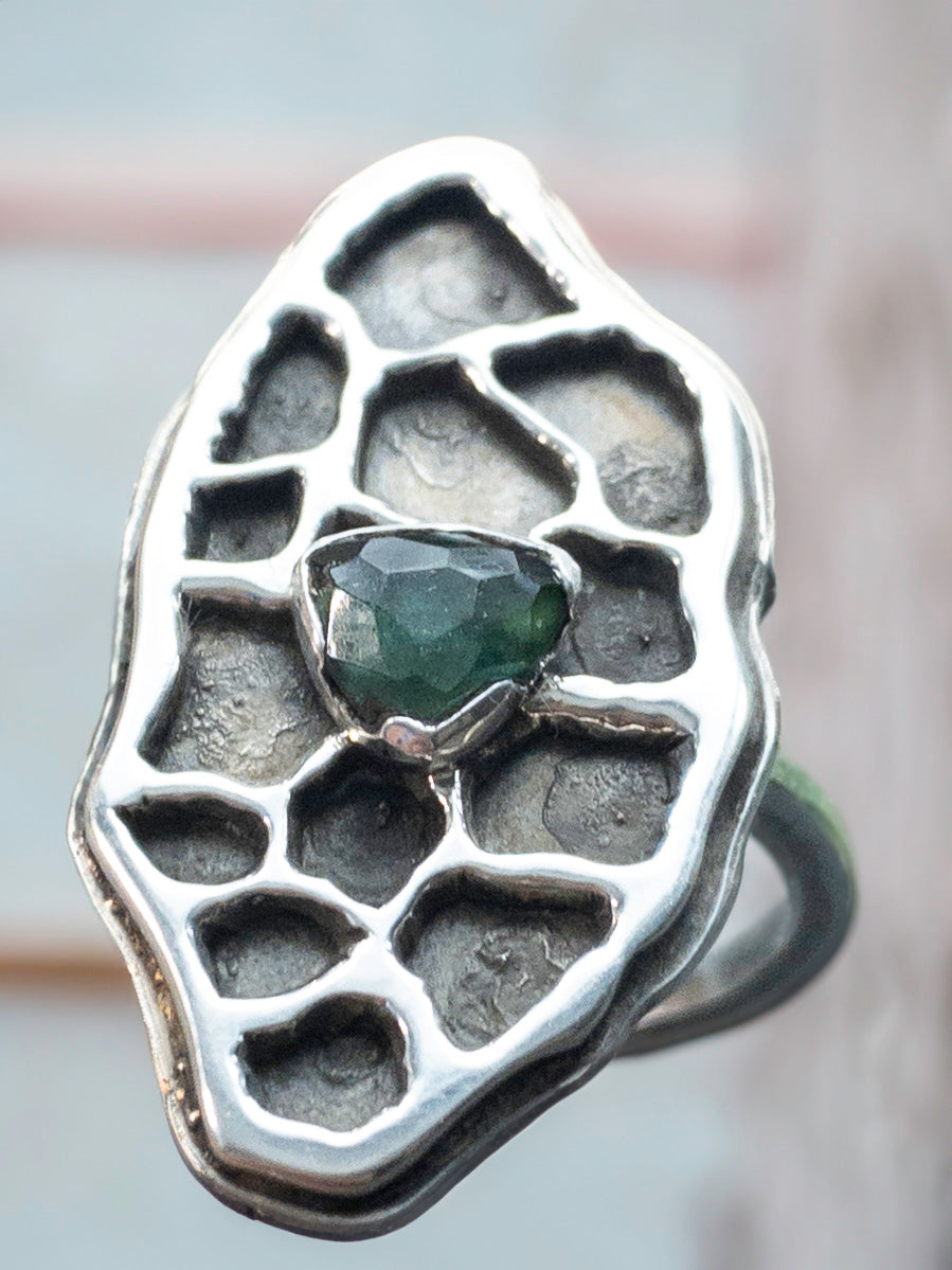 Petoskey Stone Patterned Ring in Sterling Silver and Green Tourmaline