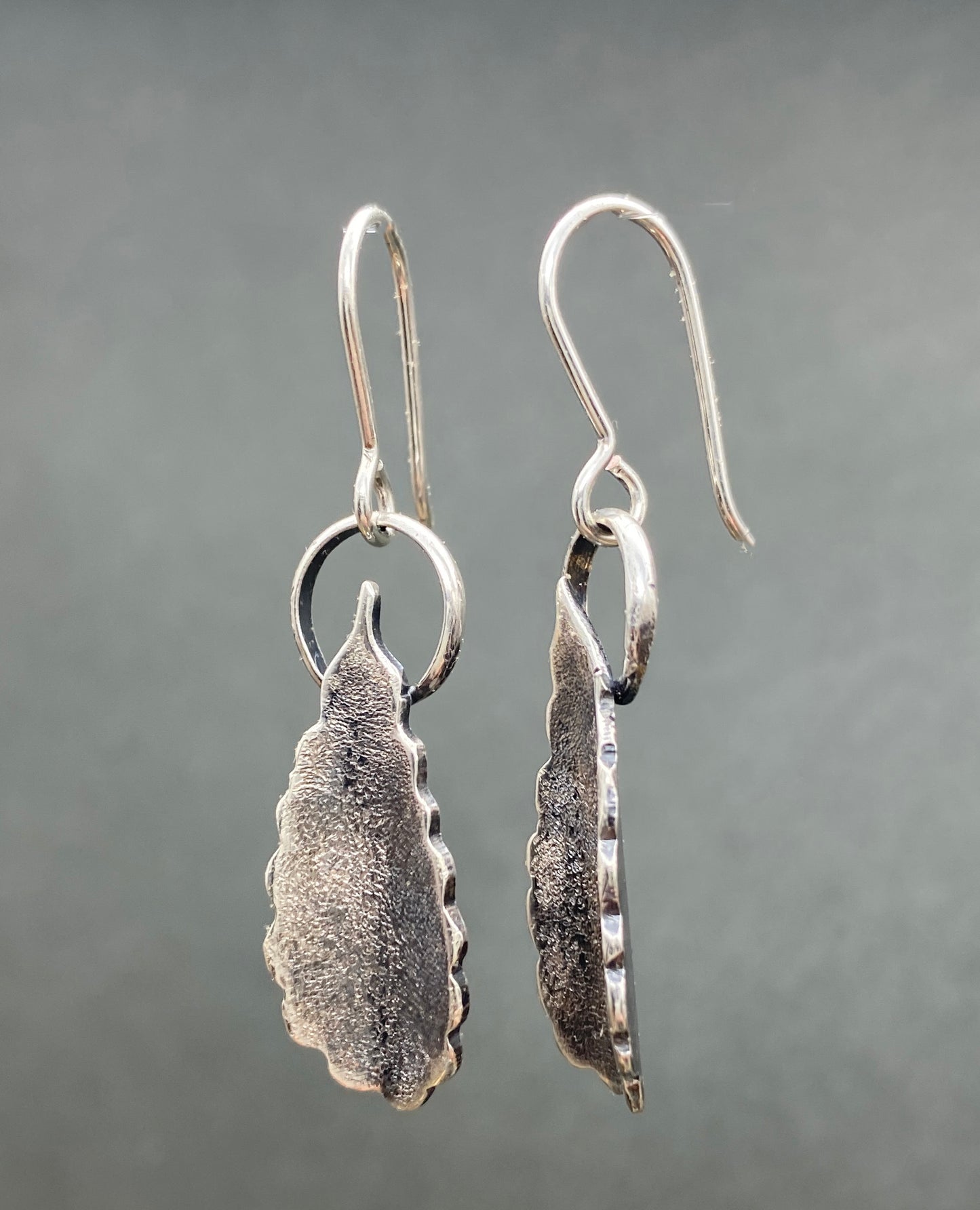 Organic Texture Curled Leaf Earrings in Sterling Silver with dark gray patina
