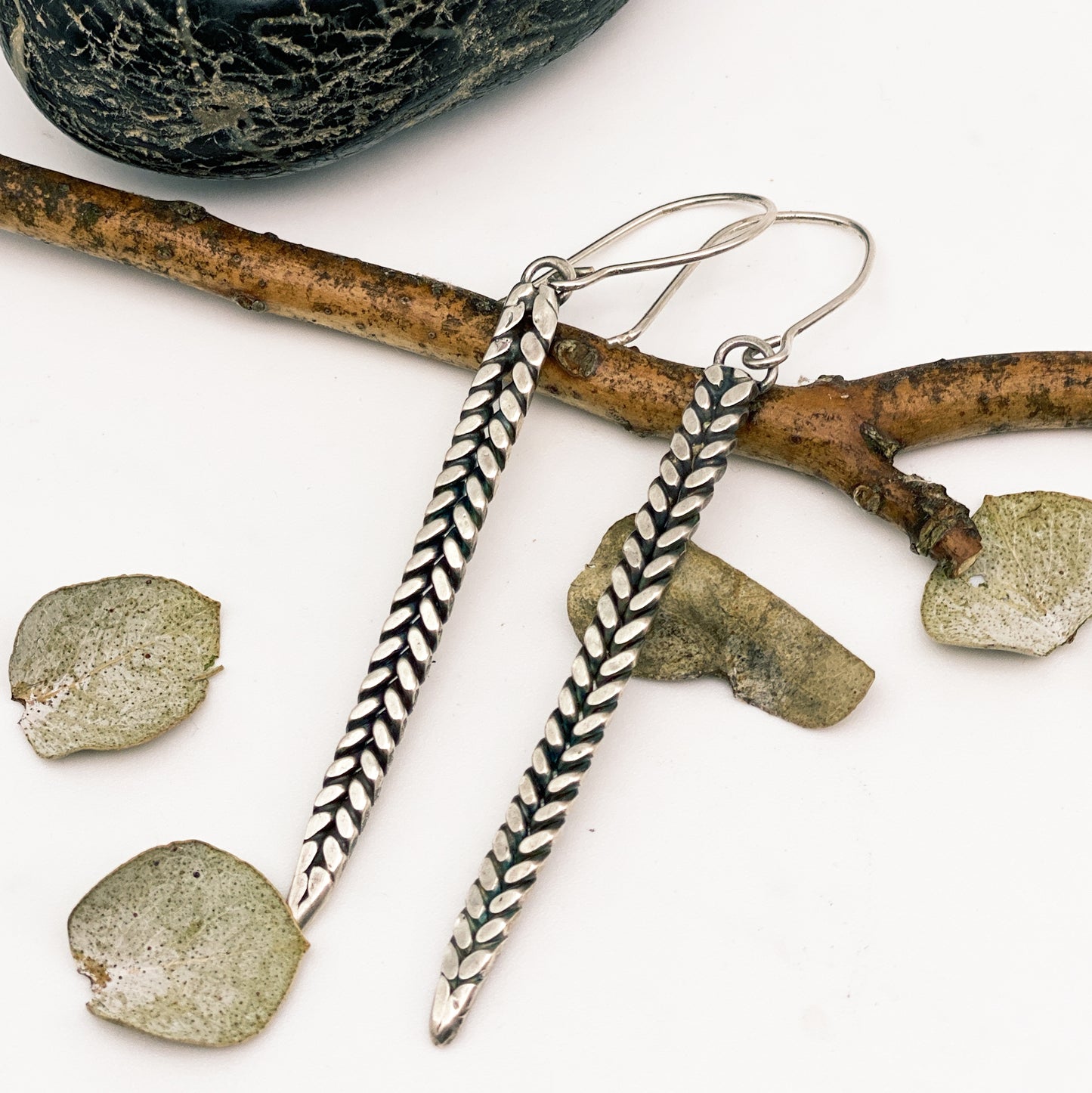 Long Wheat Weave Silver Earrings