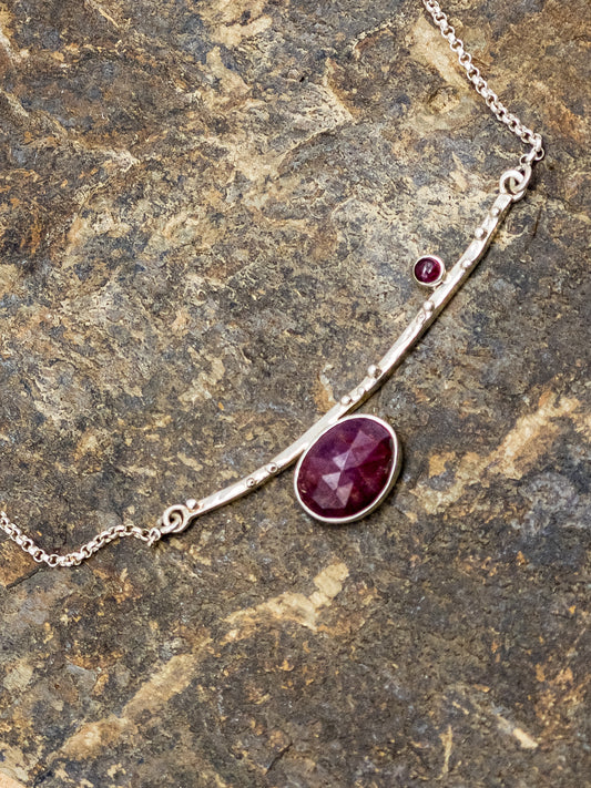 Pink Sapphire and Pink Tourmaline Pebble Bar Silver Necklace