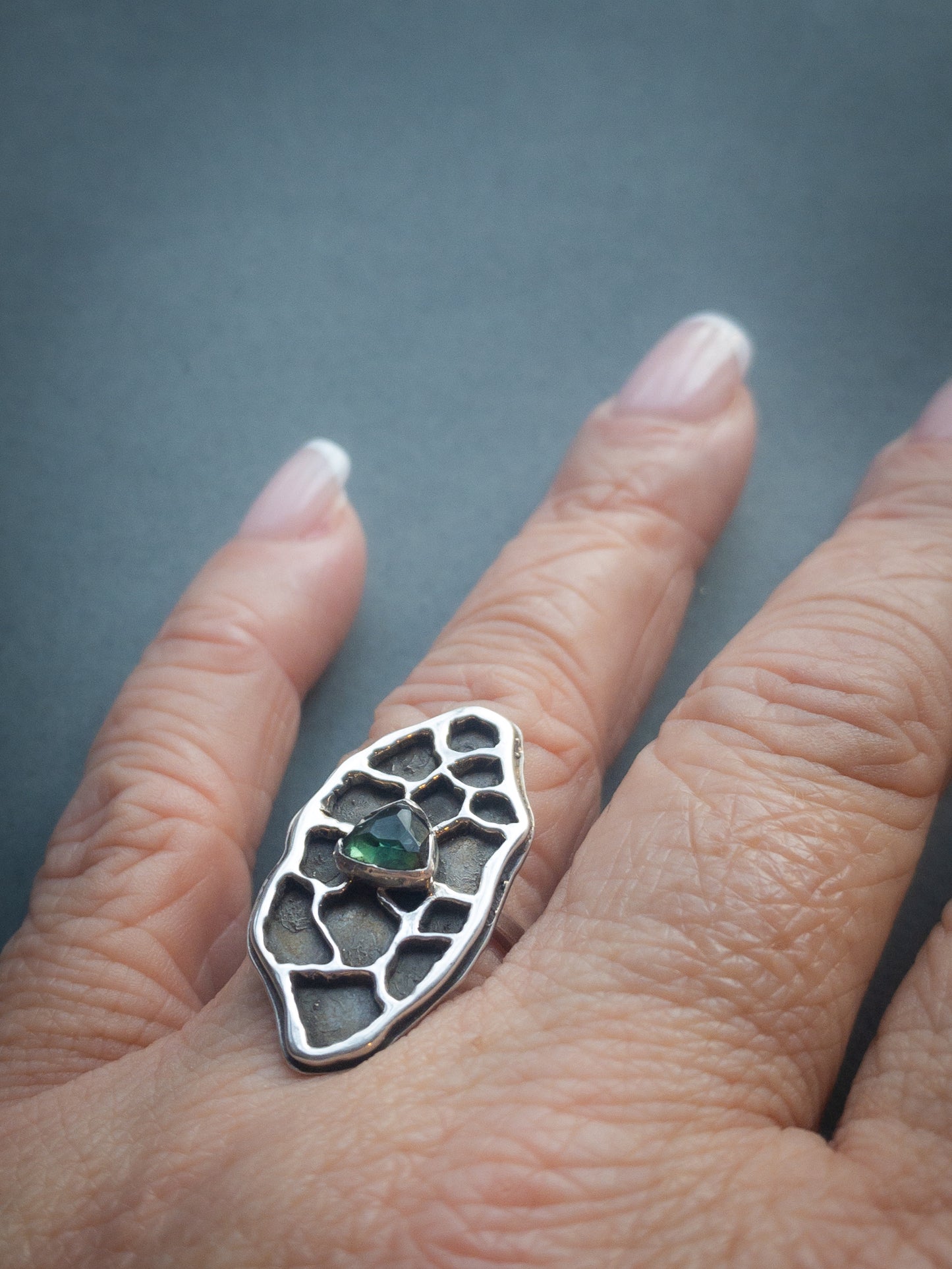 Petoskey Stone Patterned Ring in Sterling Silver and Green Tourmaline