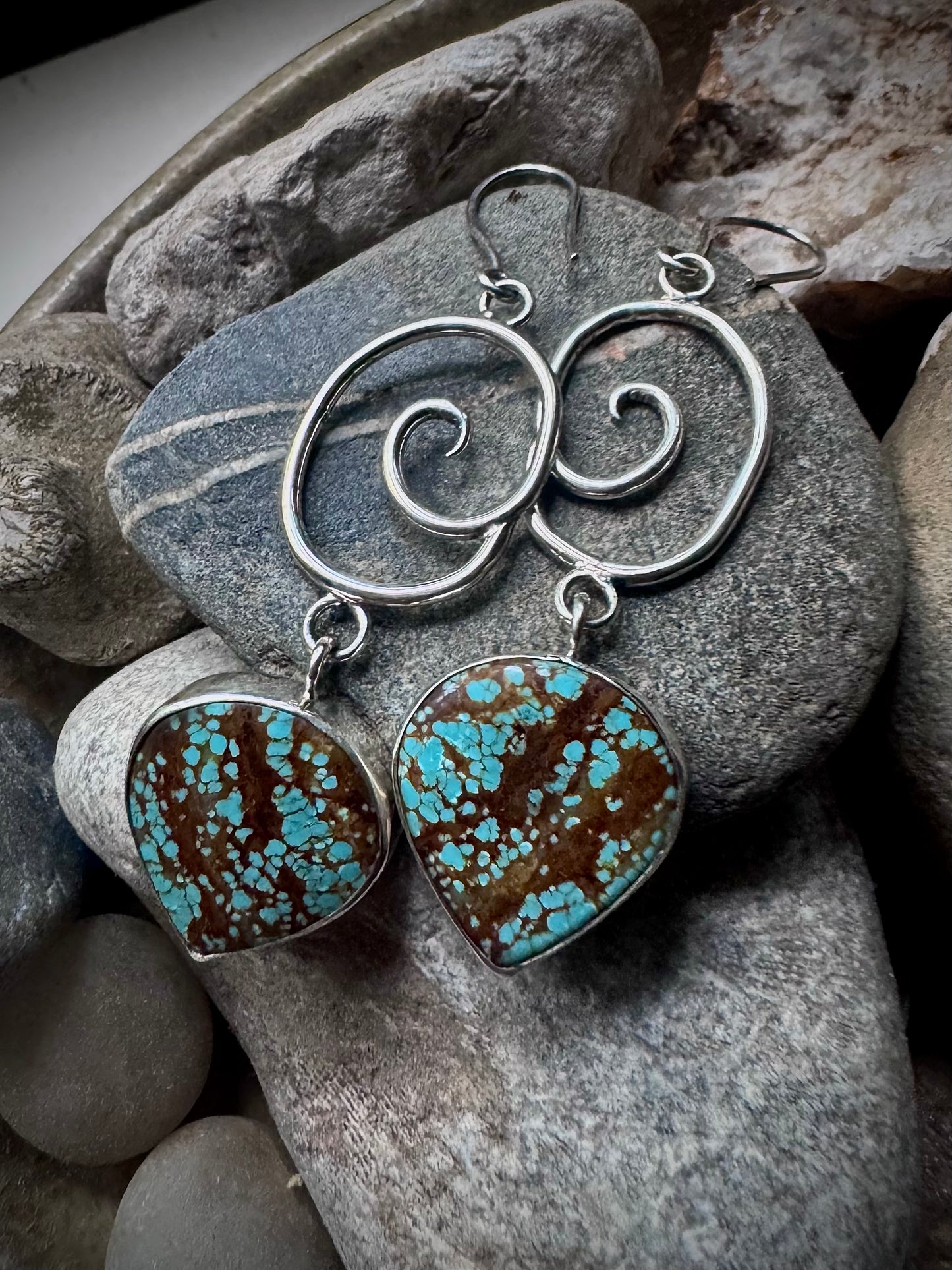 Turquoise Drop Swirl Earrings Sterling Silver