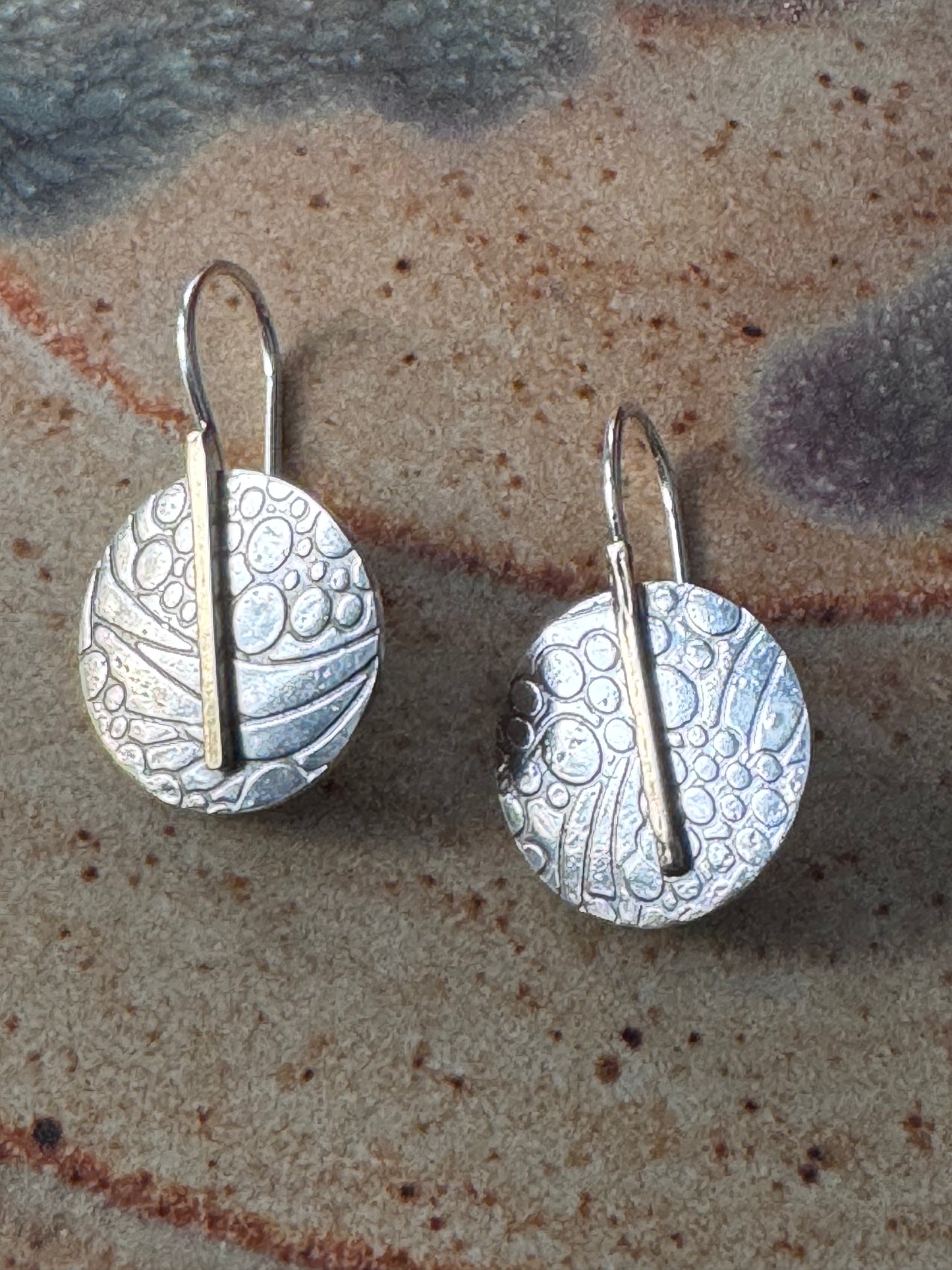 Minimalist Disc Earrings in mixed metals of 14k Gold and Sterling Silver Design Pattern