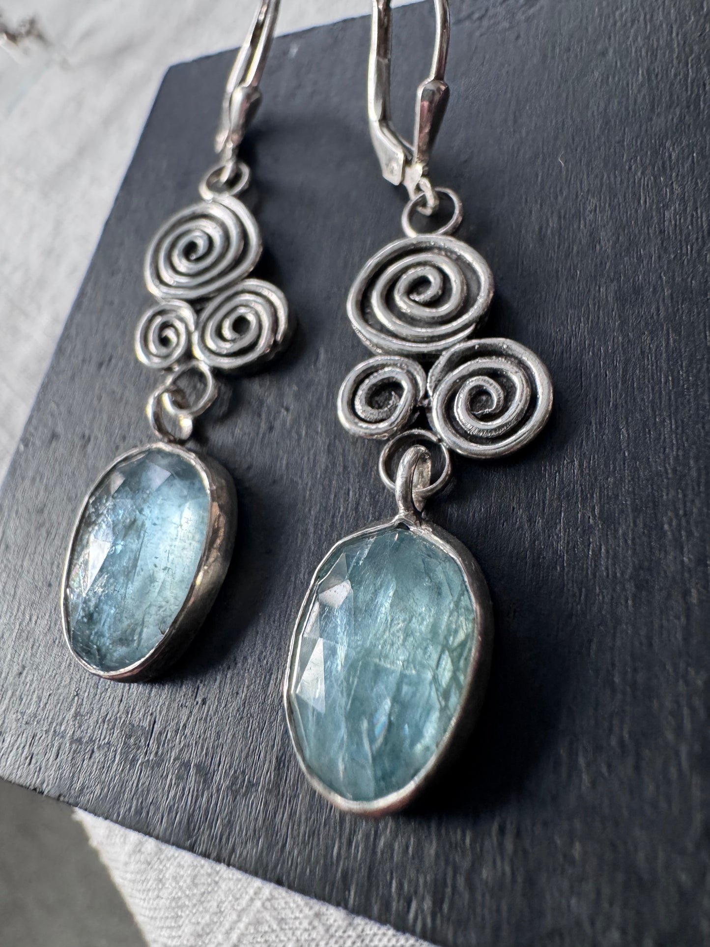 Sterling Silver and Icy Blue Kyanite Swirl Statement Earrings with Leverback