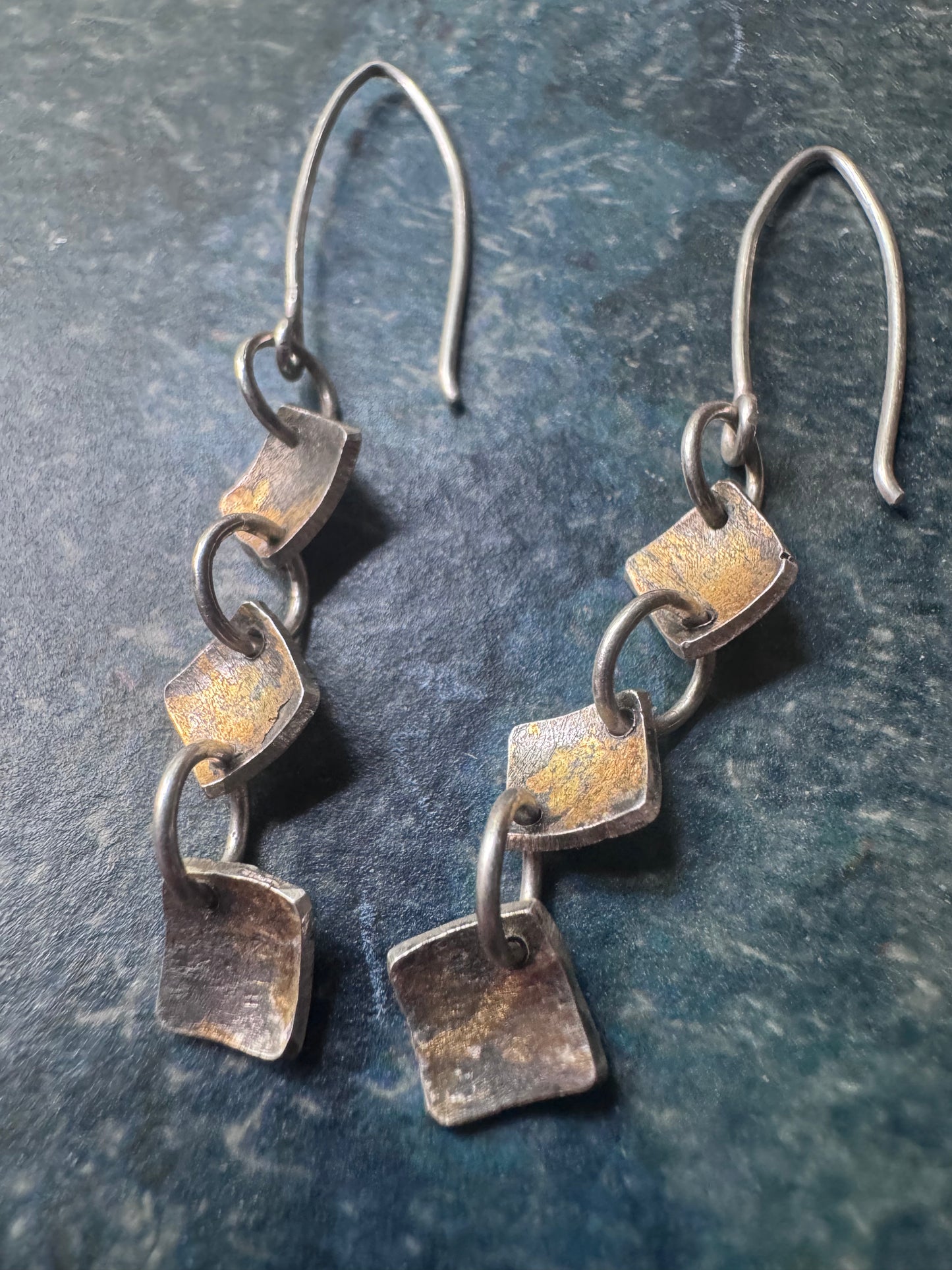 22k Gold and Sterling Silver Mixed Metal Diagonal Drop Earrings