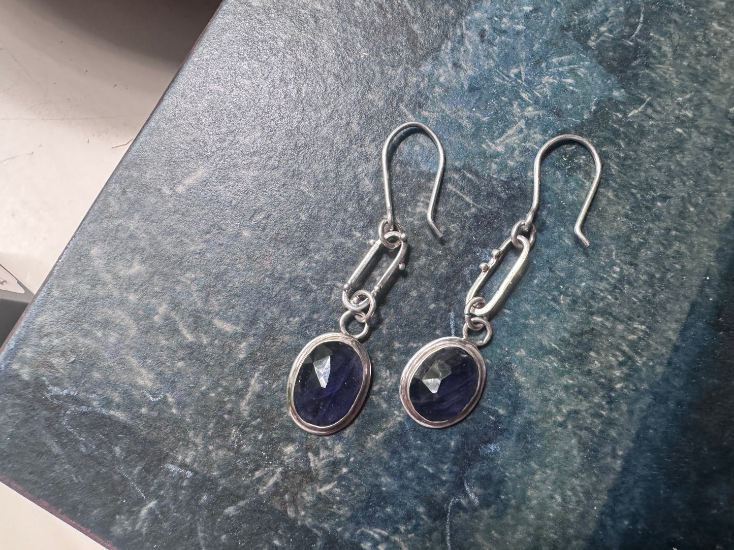 Iolite and Silver Oval Frames and Bubbles Earrings