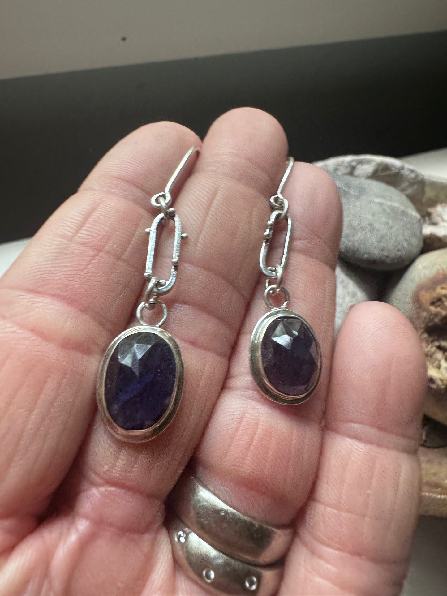 Iolite and Silver Oval Frames and Bubbles Earrings