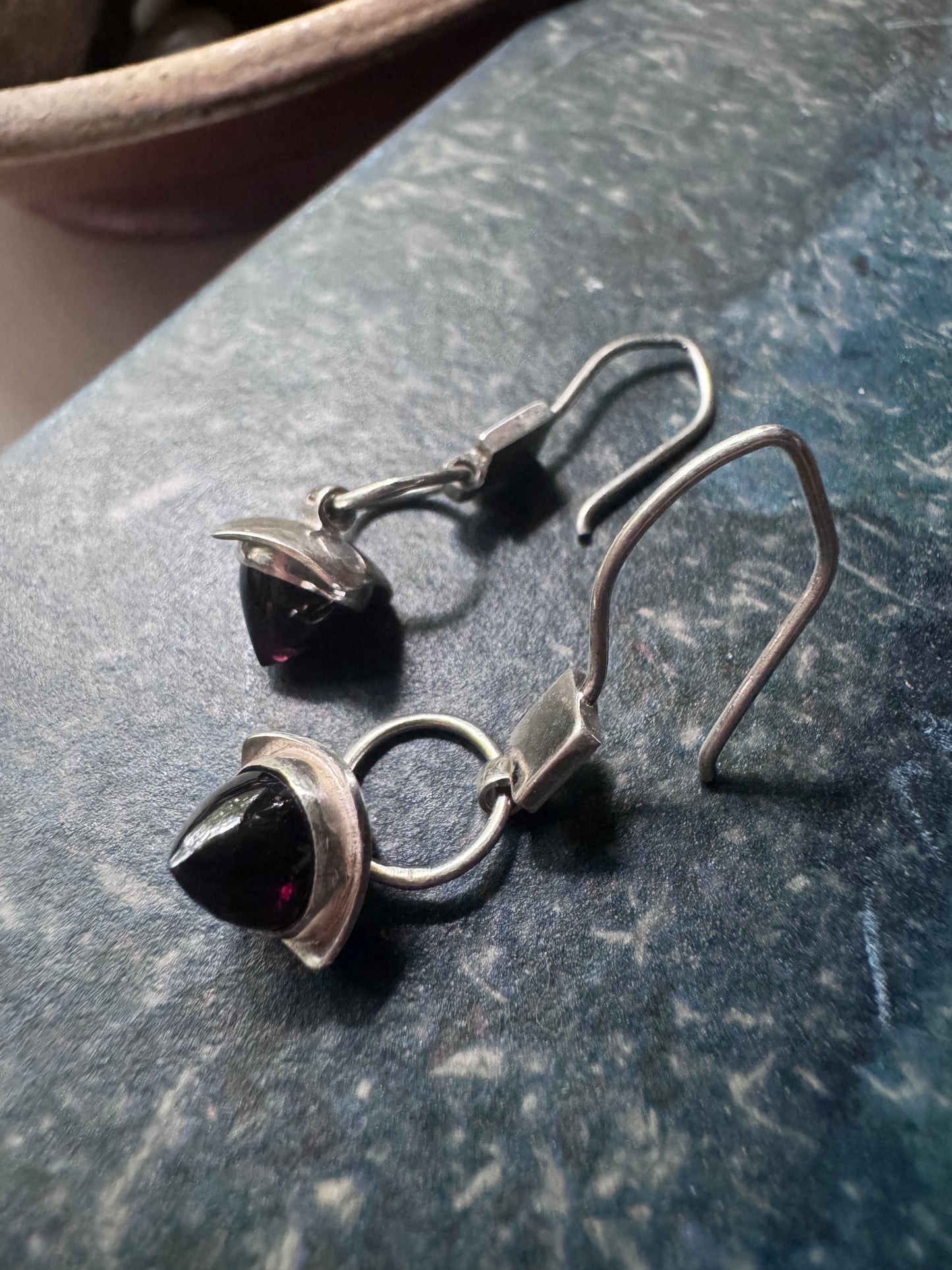 Garnet Bullet Drop Earrings in Sterling Silver