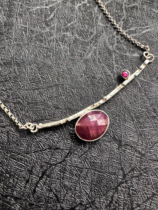 Pink Sapphire and Pink Tourmaline Pebble Bar Silver Necklace