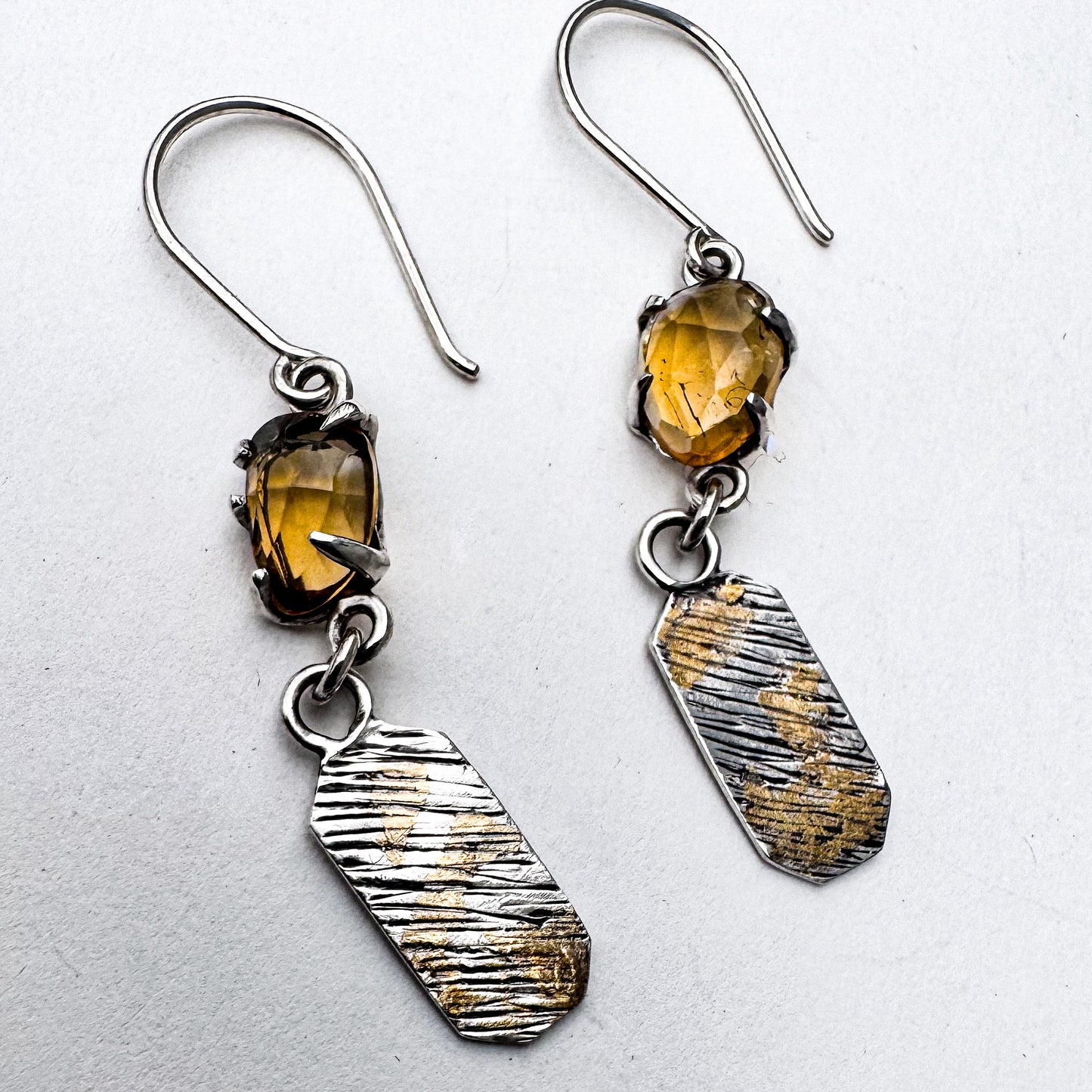 Handcrafted Citrine and Gold Leaf Sterling Silver Earrings