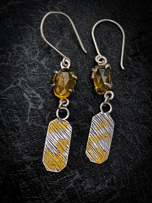 Handcrafted Citrine and Gold Leaf Sterling Silver Earrings