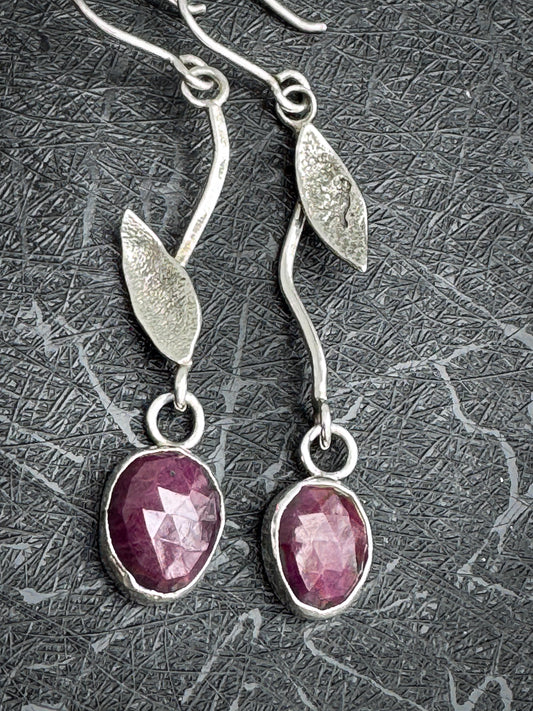 Handmade Ruby and Leaf Sterling Drop Earrings