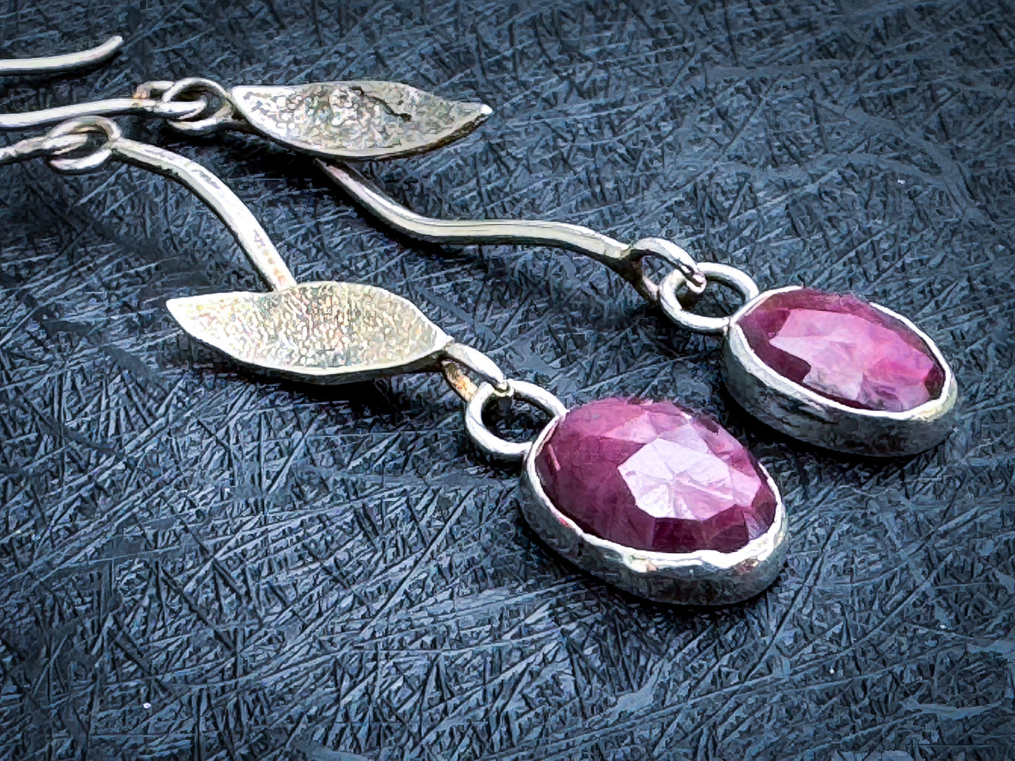 Handmade Ruby and Leaf Sterling Drop Earrings