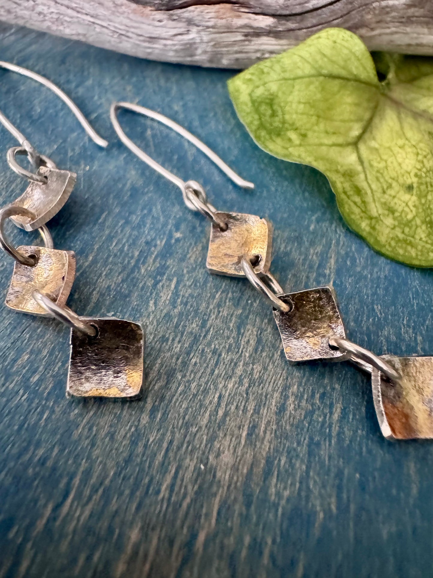 22k Gold and Sterling Silver Mixed Metal Diagonal Drop Earrings