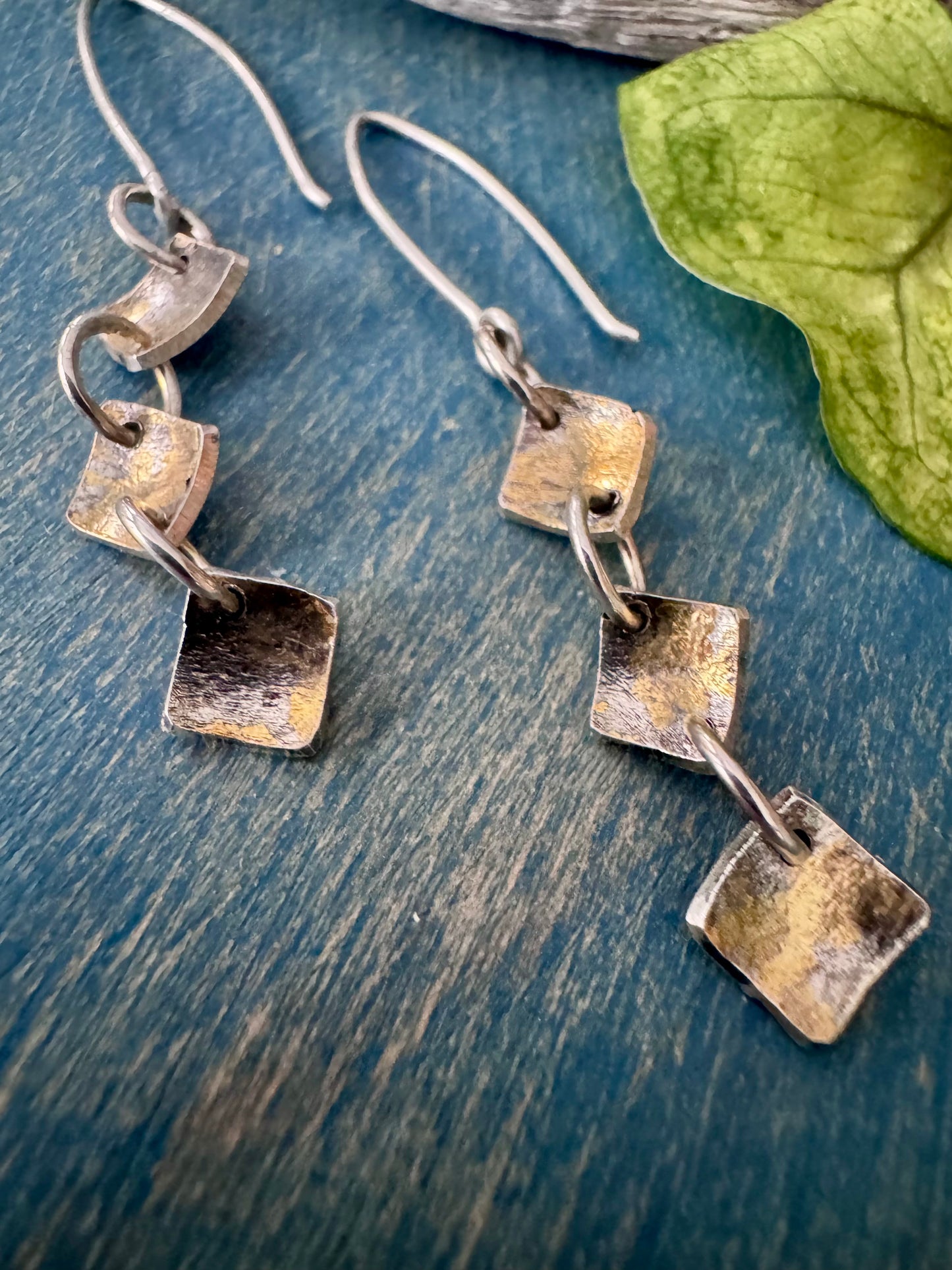 22k Gold and Sterling Silver Mixed Metal Diagonal Drop Earrings