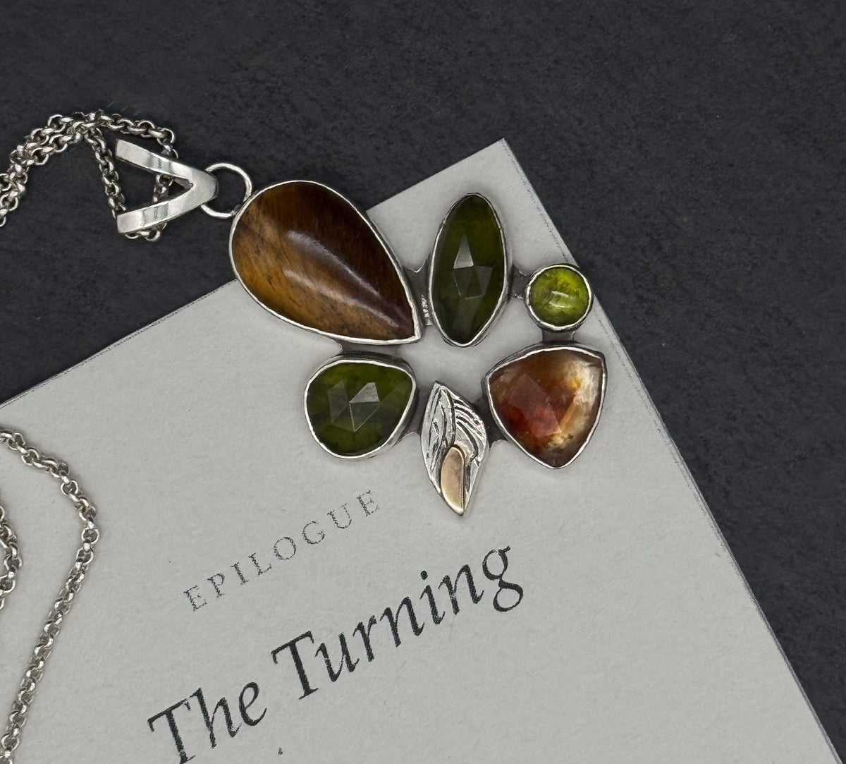 Fall Necklace in Sterling Silver with gemstone with namesake card and story 