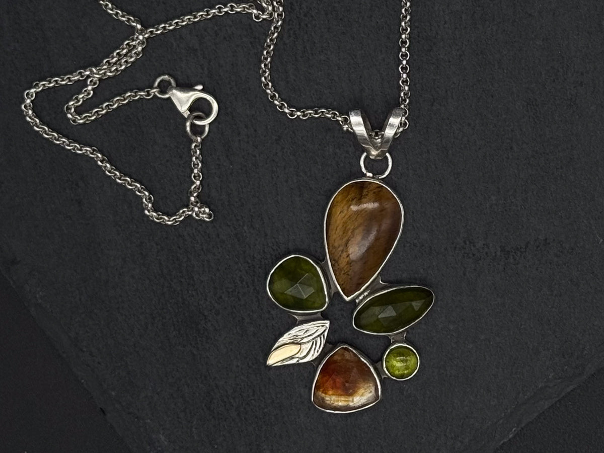 Sterling Silver and 14k gold Necklace with tiger's eye, citrine, vesuvianite
