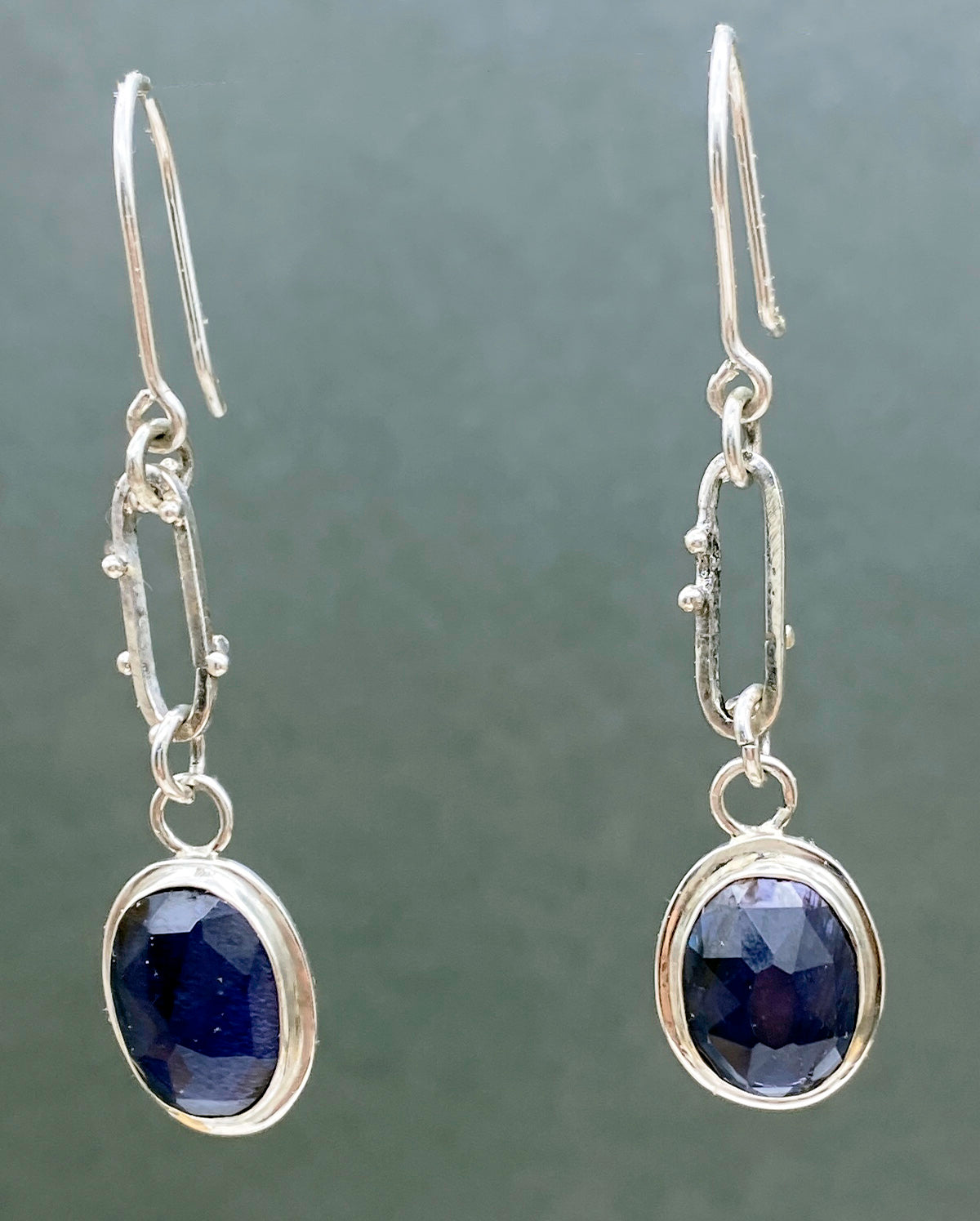 Iolite and Silver Oval Frames and Bubbles Earrings