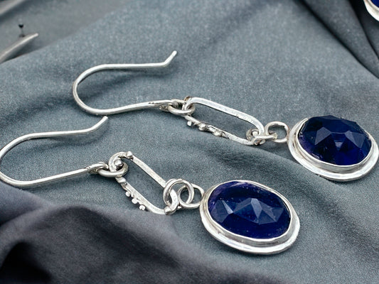 Iolite and Silver Oval Frames and Bubbles Earrings