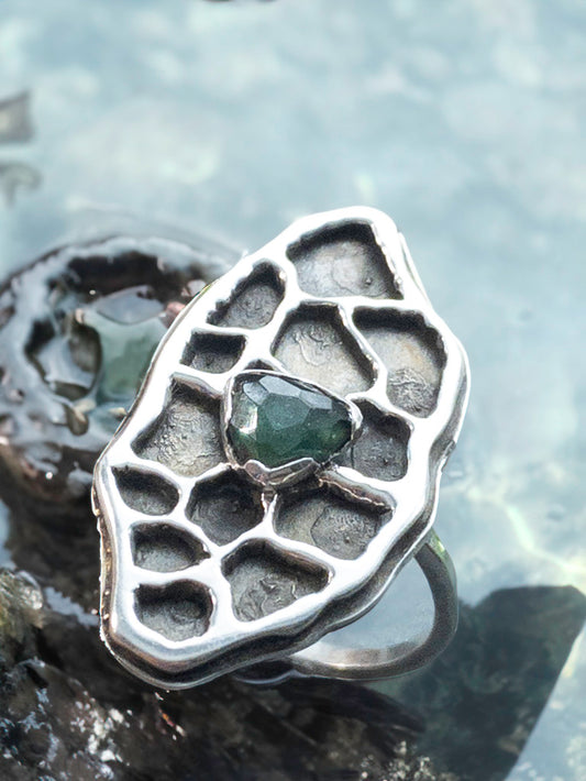 Petoskey Stone Patterned Ring in Sterling Silver and Green Tourmaline