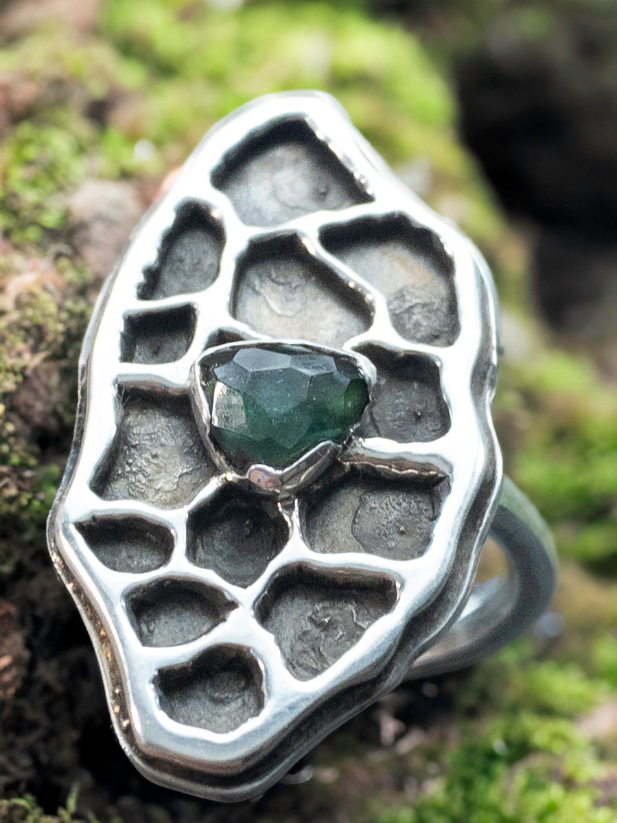 Petoskey Stone Patterned Ring in Sterling Silver and Green Tourmaline